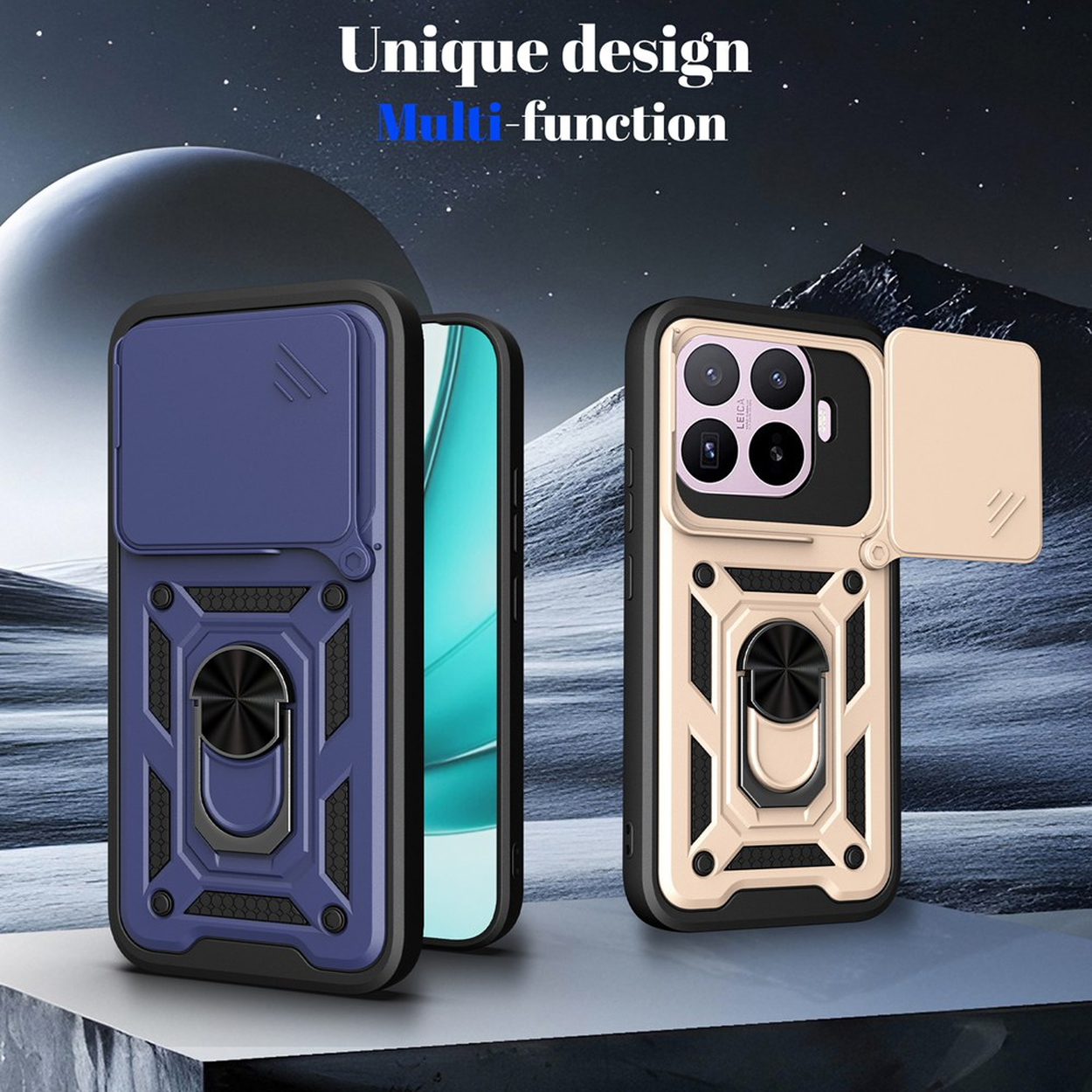 Deux coques de téléphone : une bleue, une dorée. Toutes deux avec cache-appareil photo et support bague.