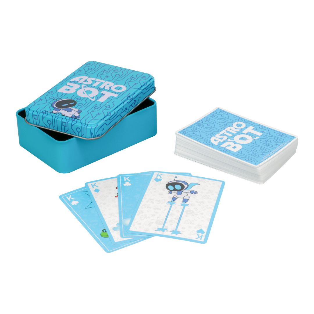Un jeu de cartes bleu sur le thème Astro Bot, boîte ouverte et trois cartes.