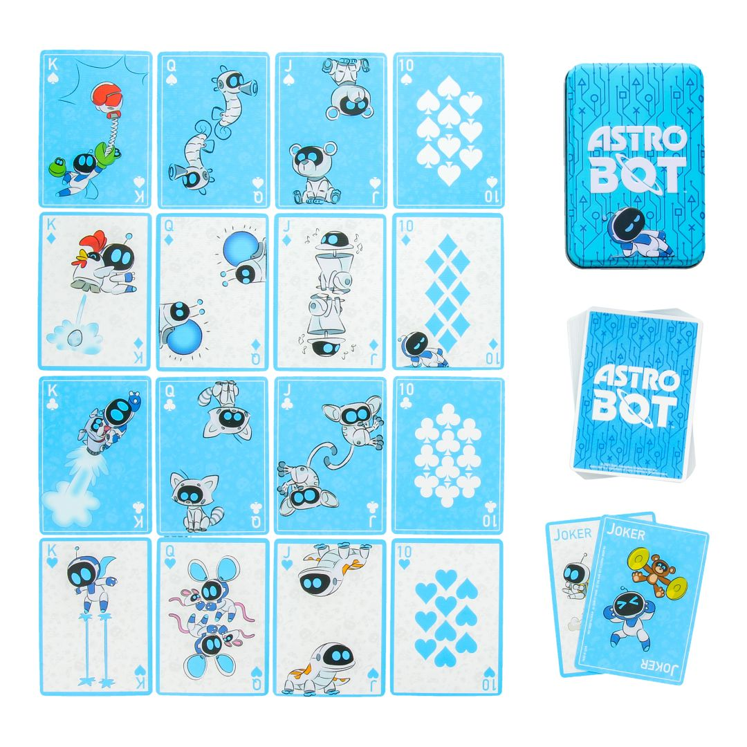 Cartes à jouer bleues avec des personnages robots. Comprend une boîte en fer et des jokers.