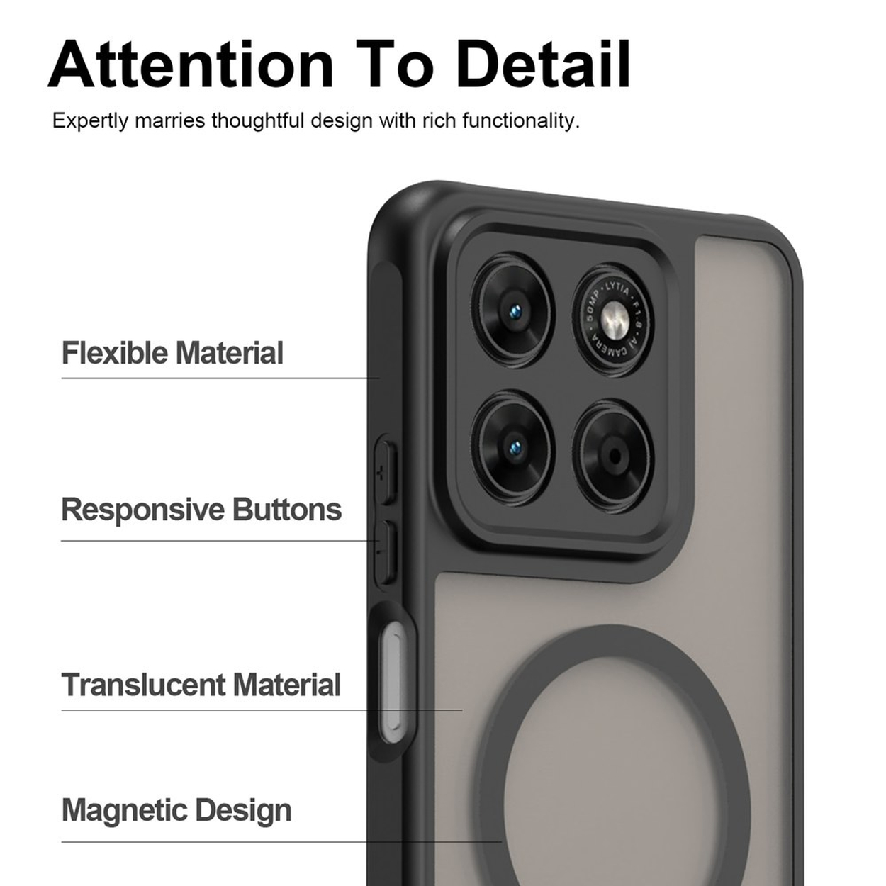 Achterkant van een doorschijnende telefoonhoes met vier camera's en een magneetring.