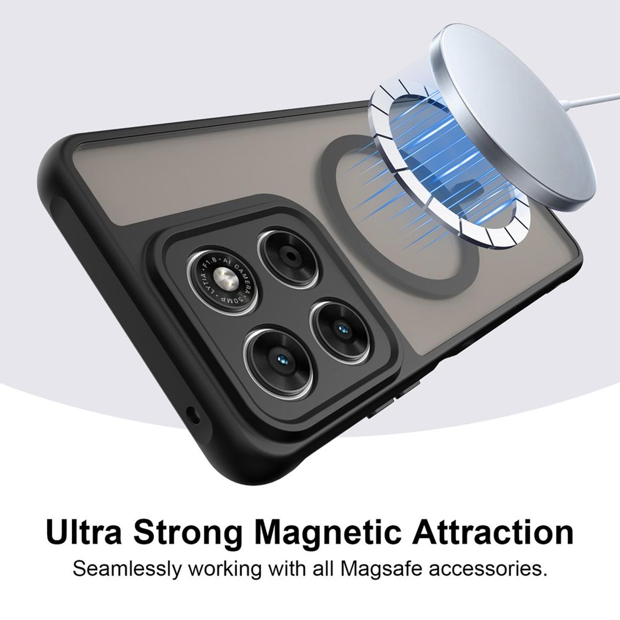 Zwarte telefoonhoes met magneetring, Magsafe-oplader trekt aan.