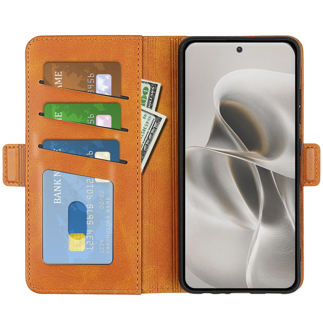 Bruine portemonneehoes met telefoon, kaarten en geld.
