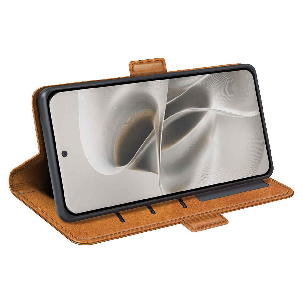 Een bruine leren flipcase voor een rechtopstaande smartphone.