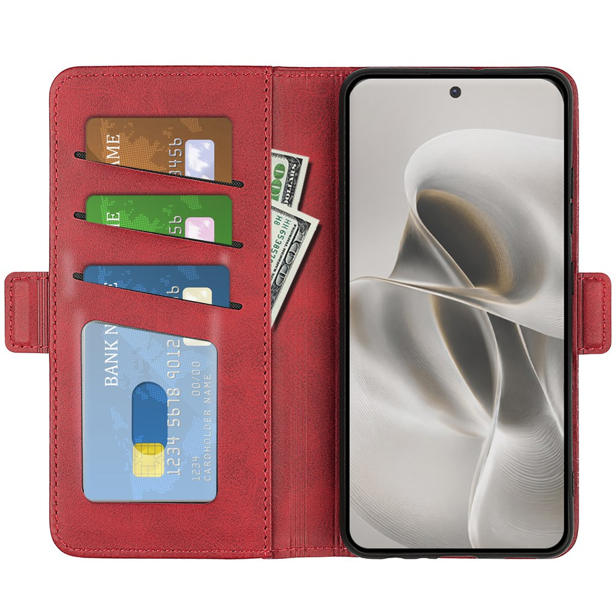 Rode telefoonhoes met kaartsleuven voor creditcards en contant geld. Telefoonscherm zichtbaar.