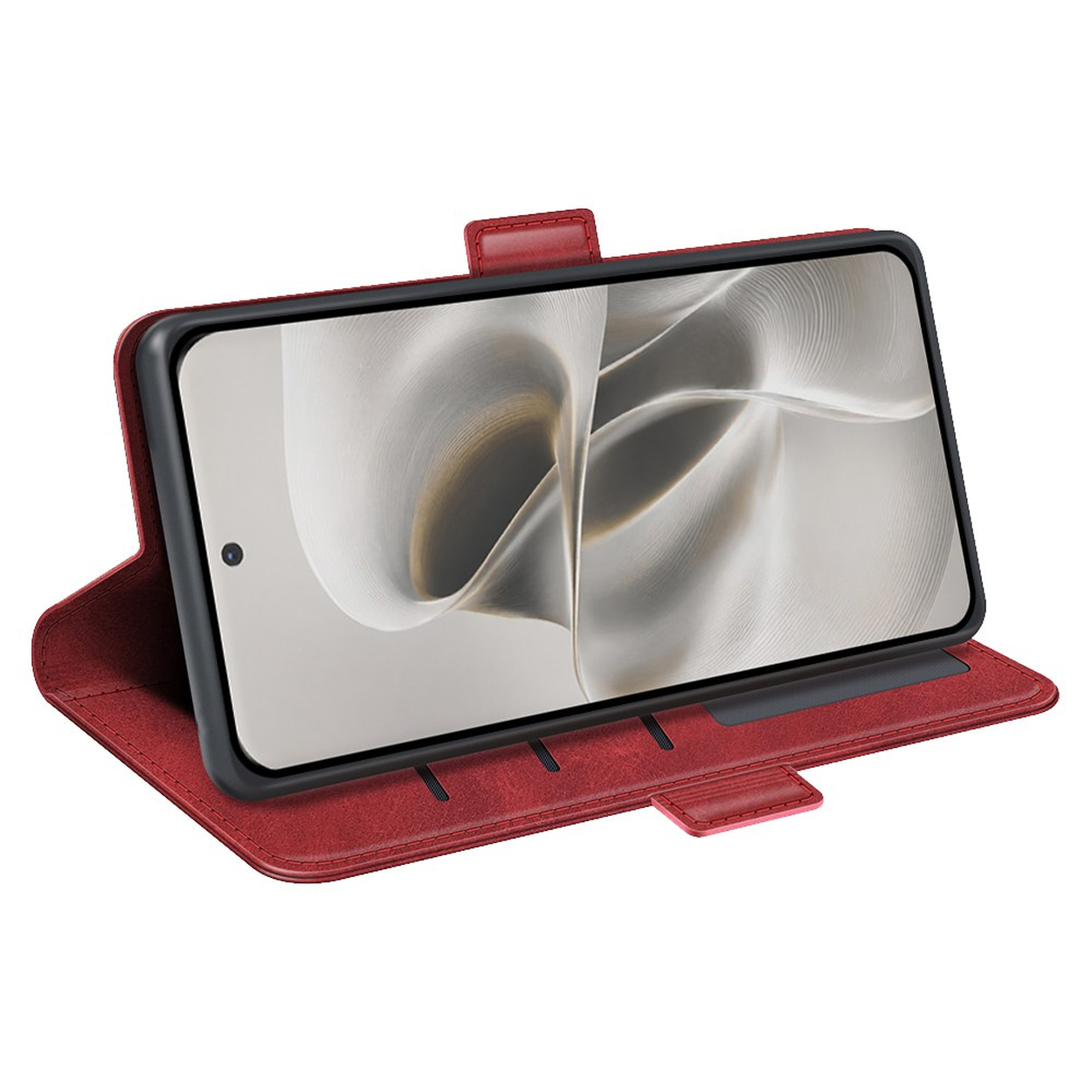 Rode smartphone flipcase met open scherm, staand op een ondergrond.