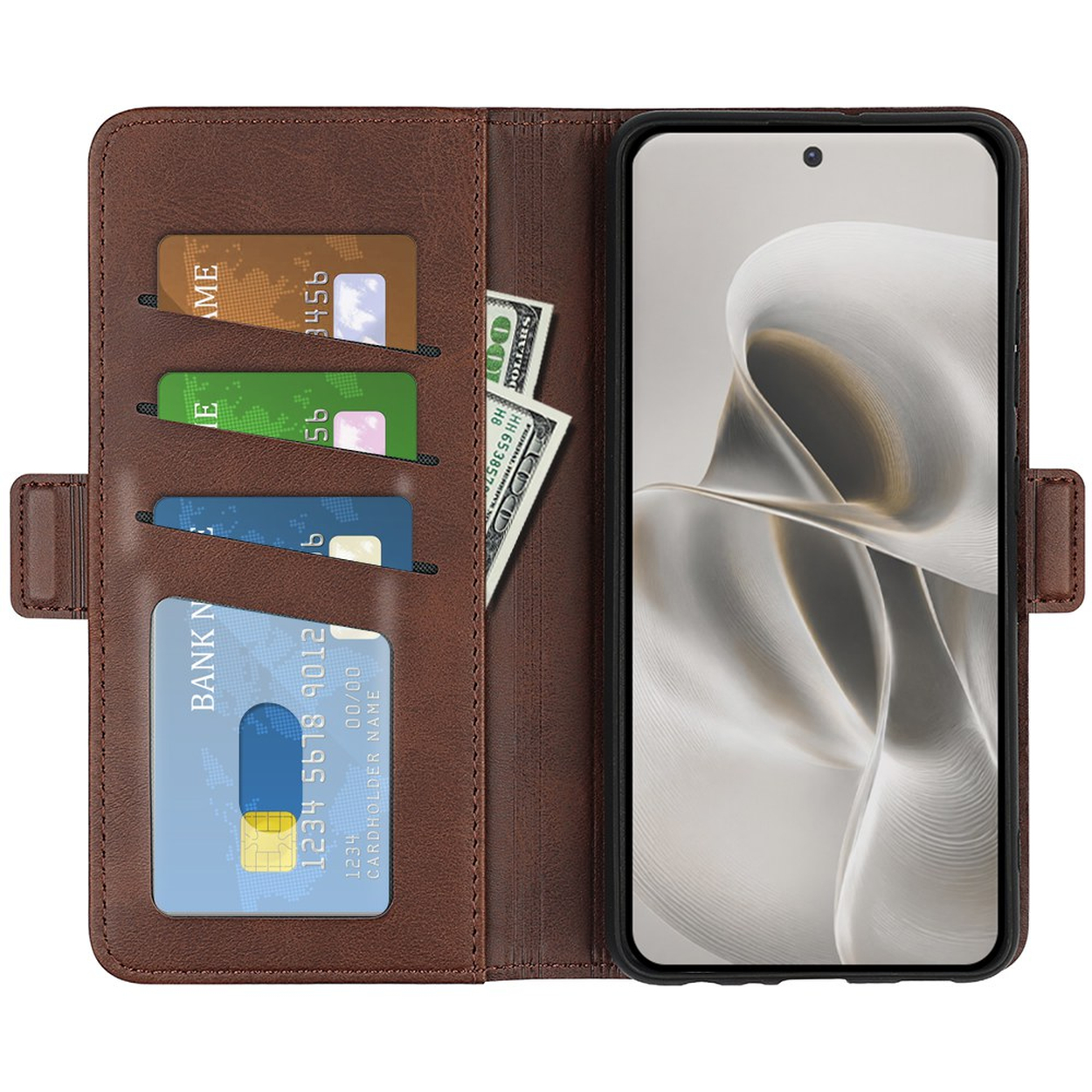 Braune Lederhülle für ein Smartphone mit Kartenfächern und Geldscheinen.