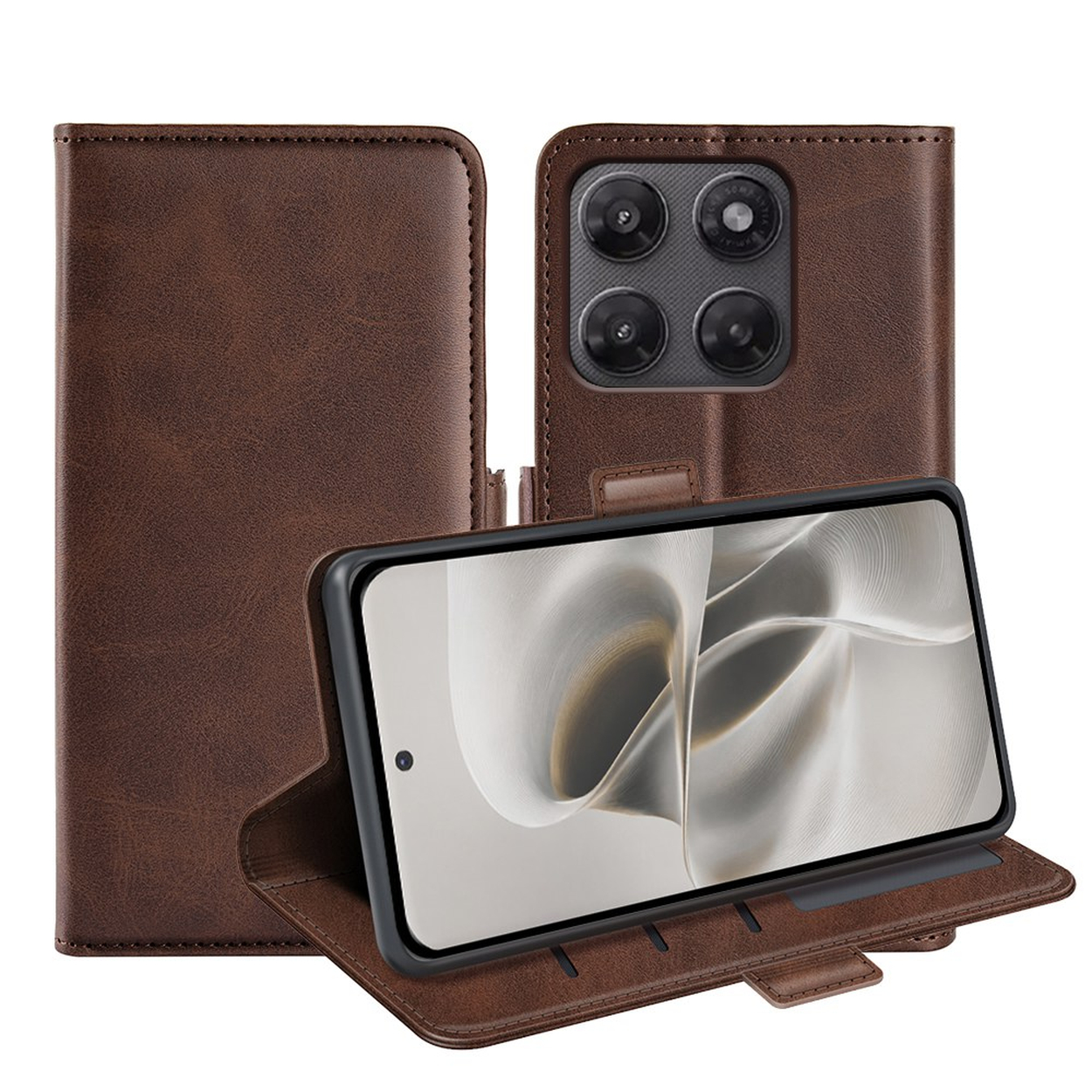 Braune Lederhülle mit Handy, das ein Wirbelmuster zeigt. Kamera sichtbar.