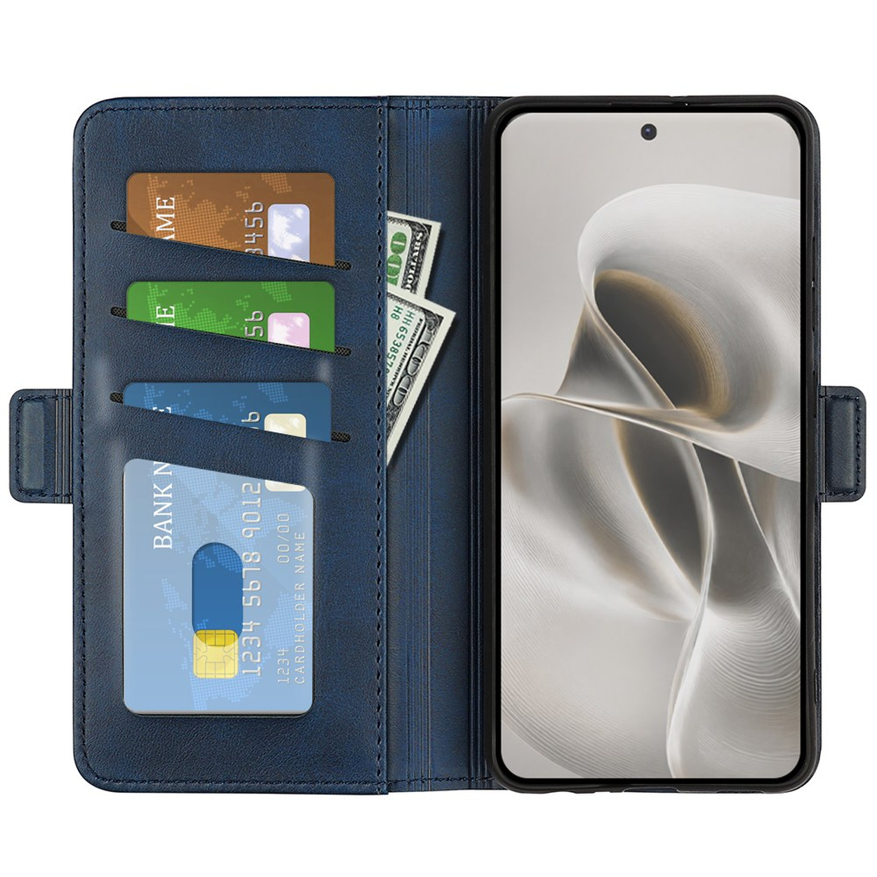 Blauw portemonneehoesje met telefoon, kaarten en dollars.