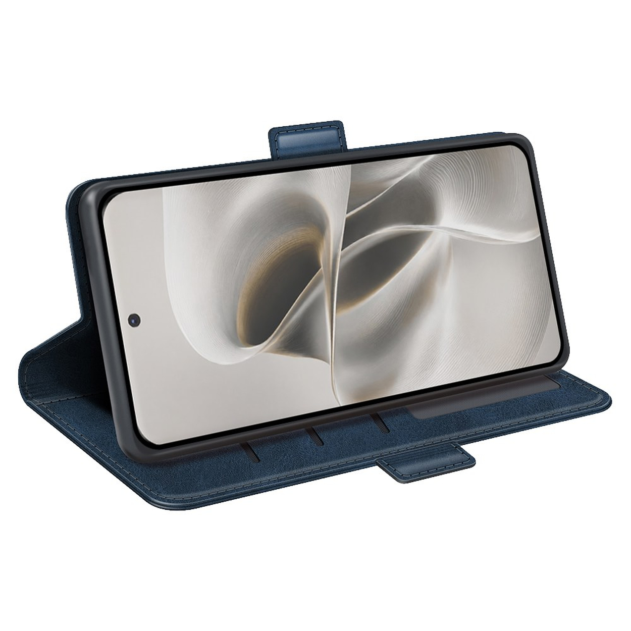 Een donkerblauwe mobiele telefoon met een open klaphoes, tegen een witte achtergrond.