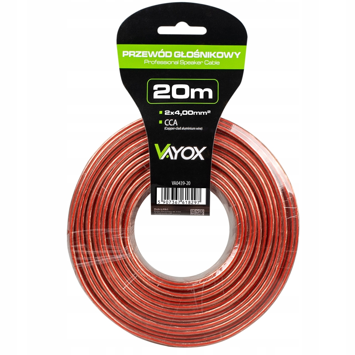 Czerwony kabel głośnikowy, 20m, 2x4,00mm², CCA, marka Vayox.