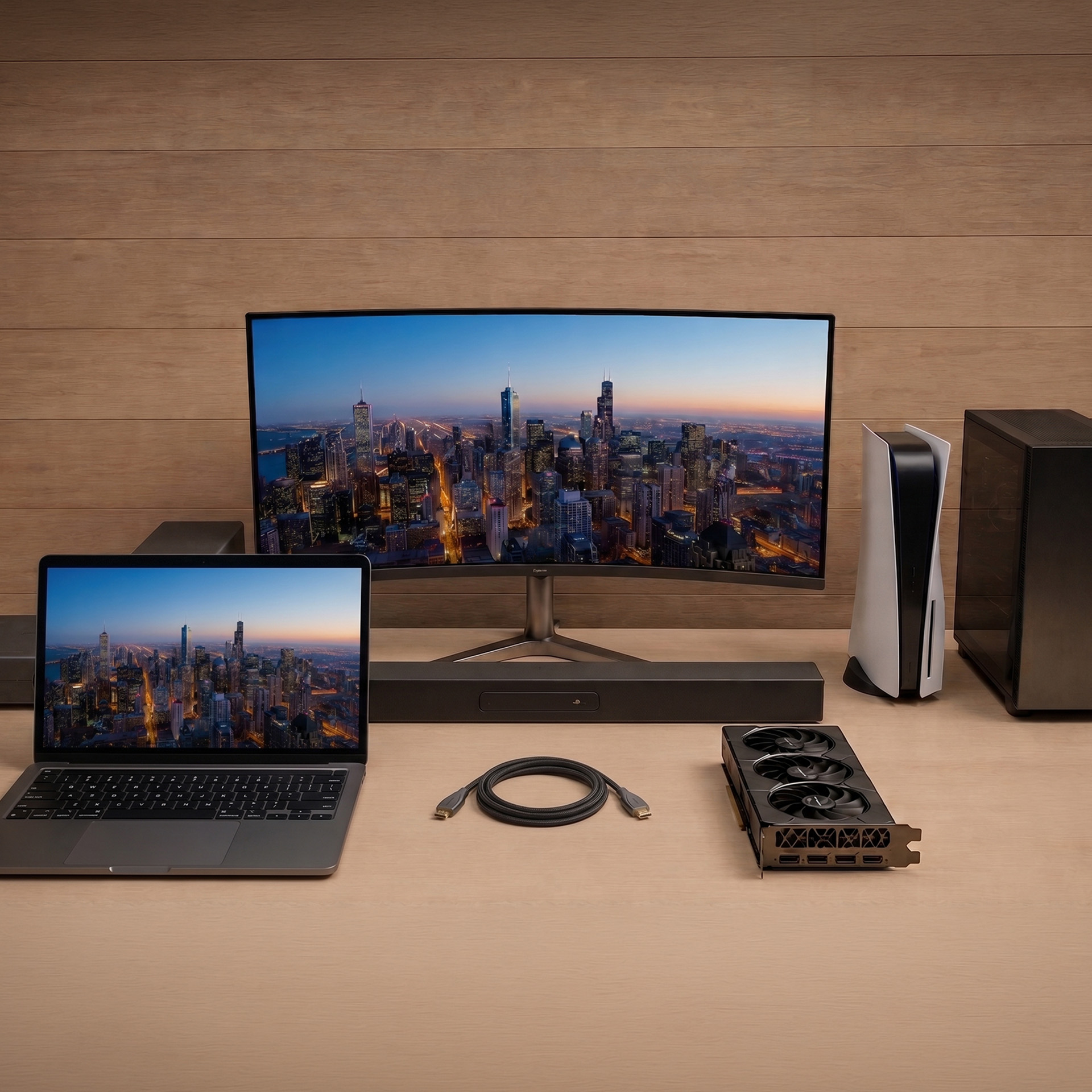 Un laptop, monitor, soundbar, cavo, GPU, console e PC su una scrivania di legno.