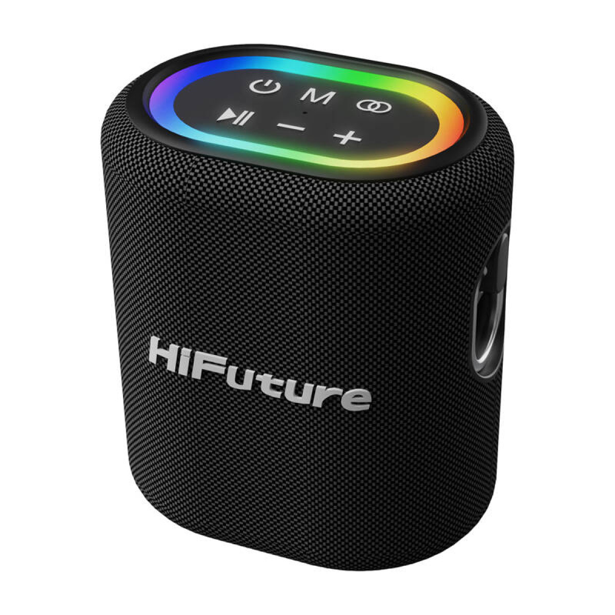 Altoparlante Bluetooth HiFuture nero con luci LED colorate e pulsanti di controllo.