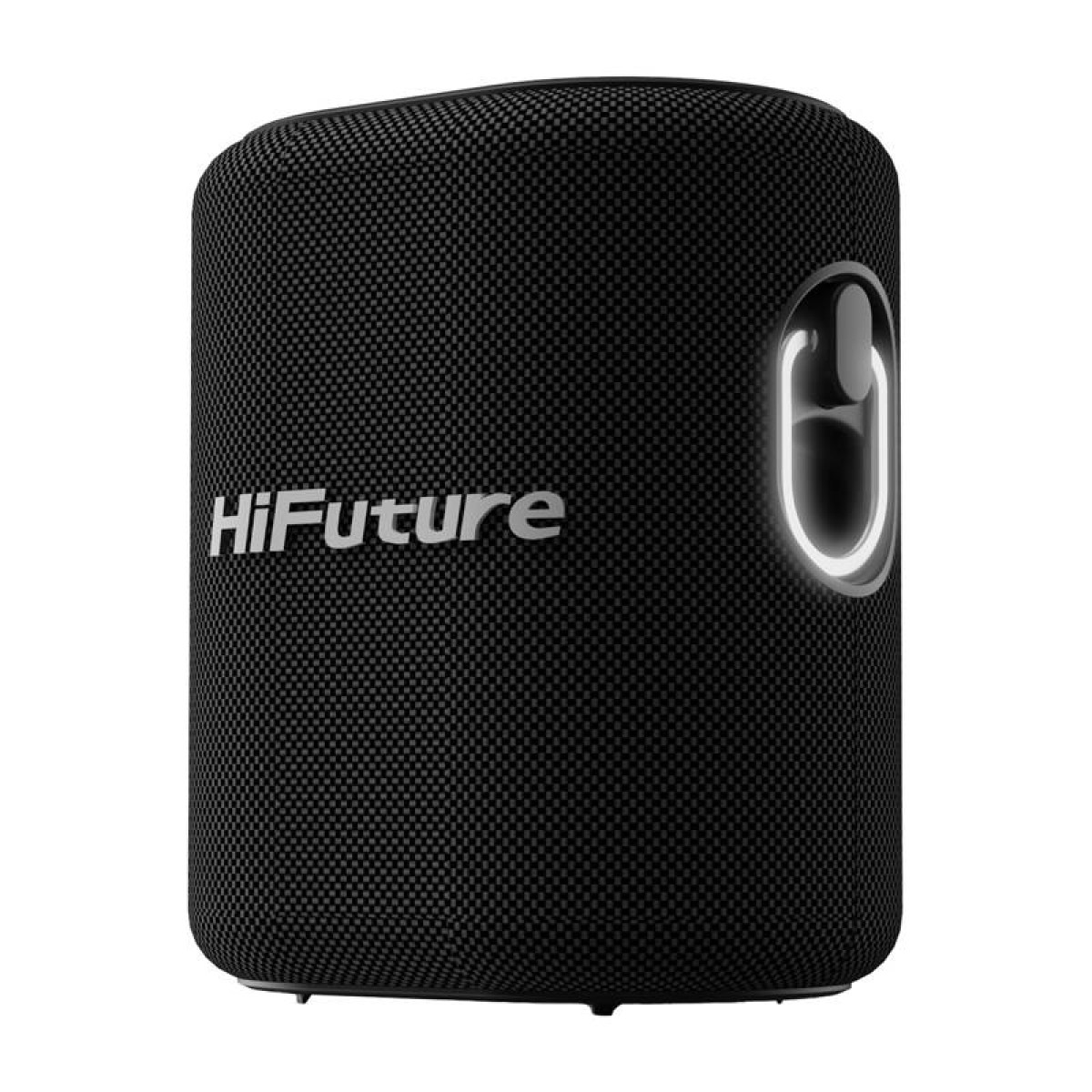 Altoparlante portatile nero con logo HiFuture e pulsante di accensione illuminato.