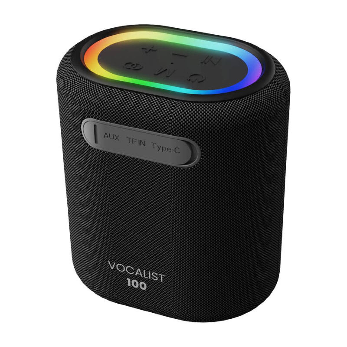 Un altoparlante portatile nero etichettato VOCALIST 100 con anello luminoso colorato.
