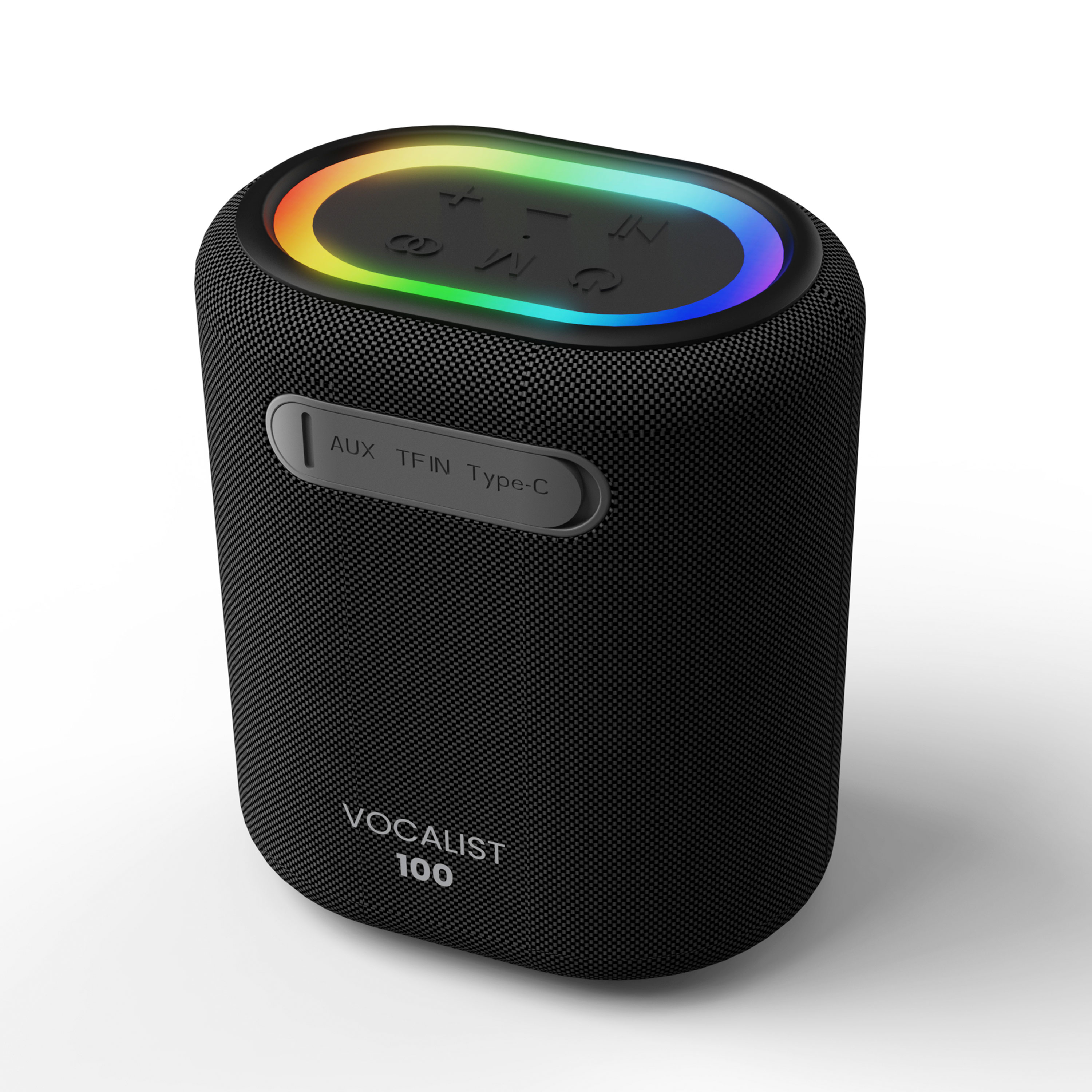 Altoparlante nero con illuminazione RGB e porte: AUX, TF, Type-C. 'Vocalist 100'.