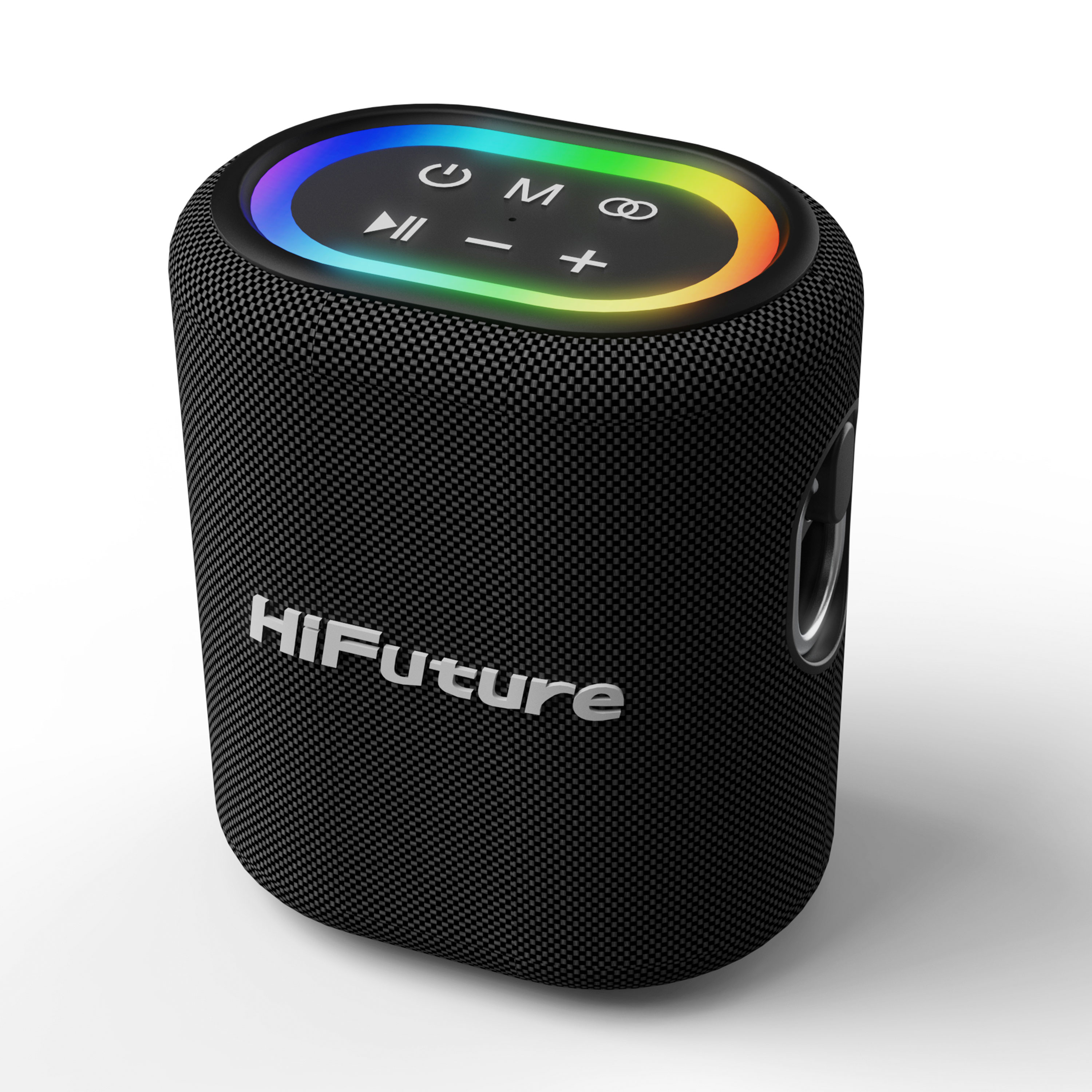 Altoparlante nero con illuminazione LED colorata e logo HiFuture.