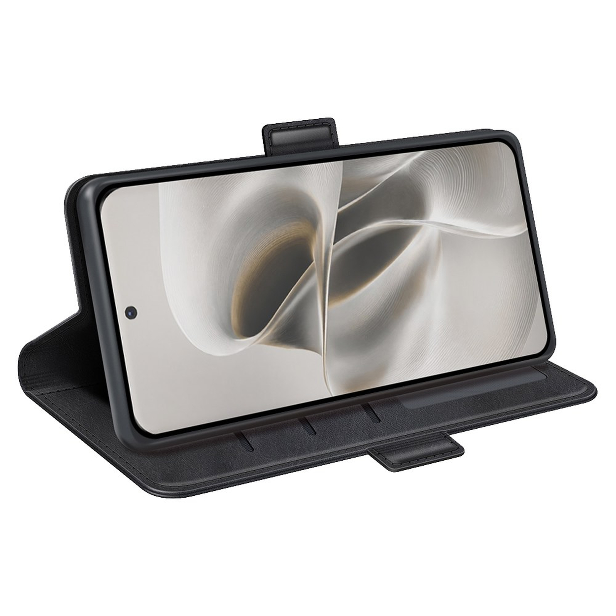 Een zwarte smartphone in een open telefoonhoesje met abstracte achtergrond op het scherm.