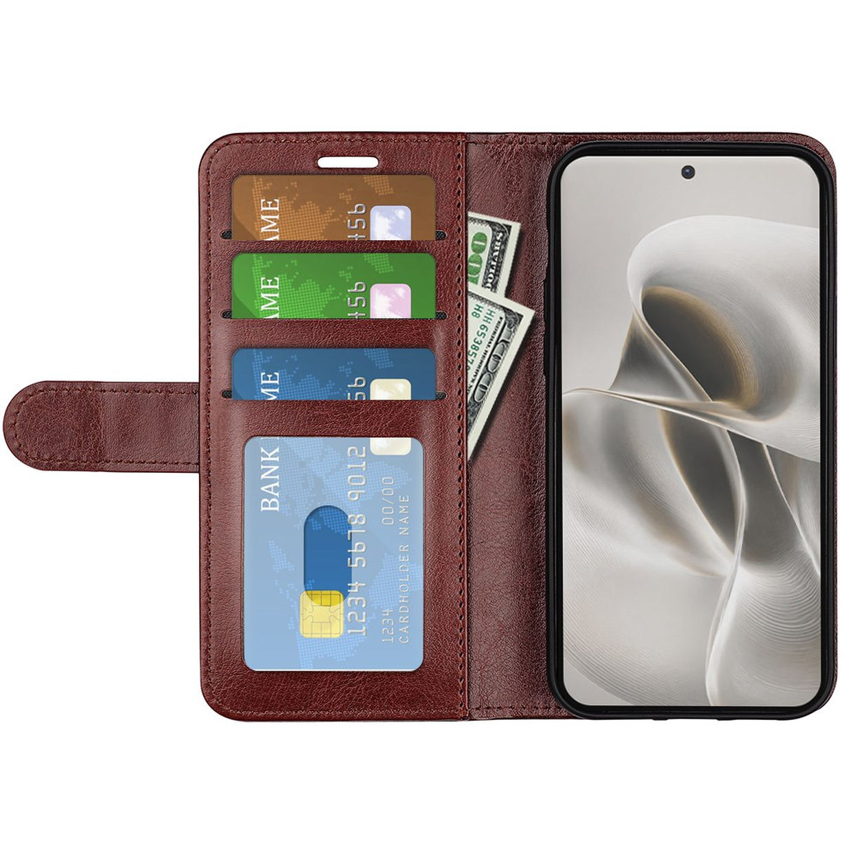 Bruine portemonneehoes met kaarten en contant geld. Open, toont telefoonscherm.