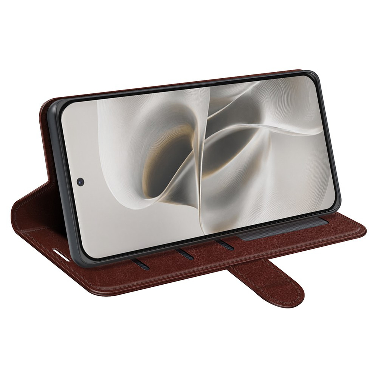 Bruine leren flipcase voor smartphone, scherm open met abstracte grafiek.
