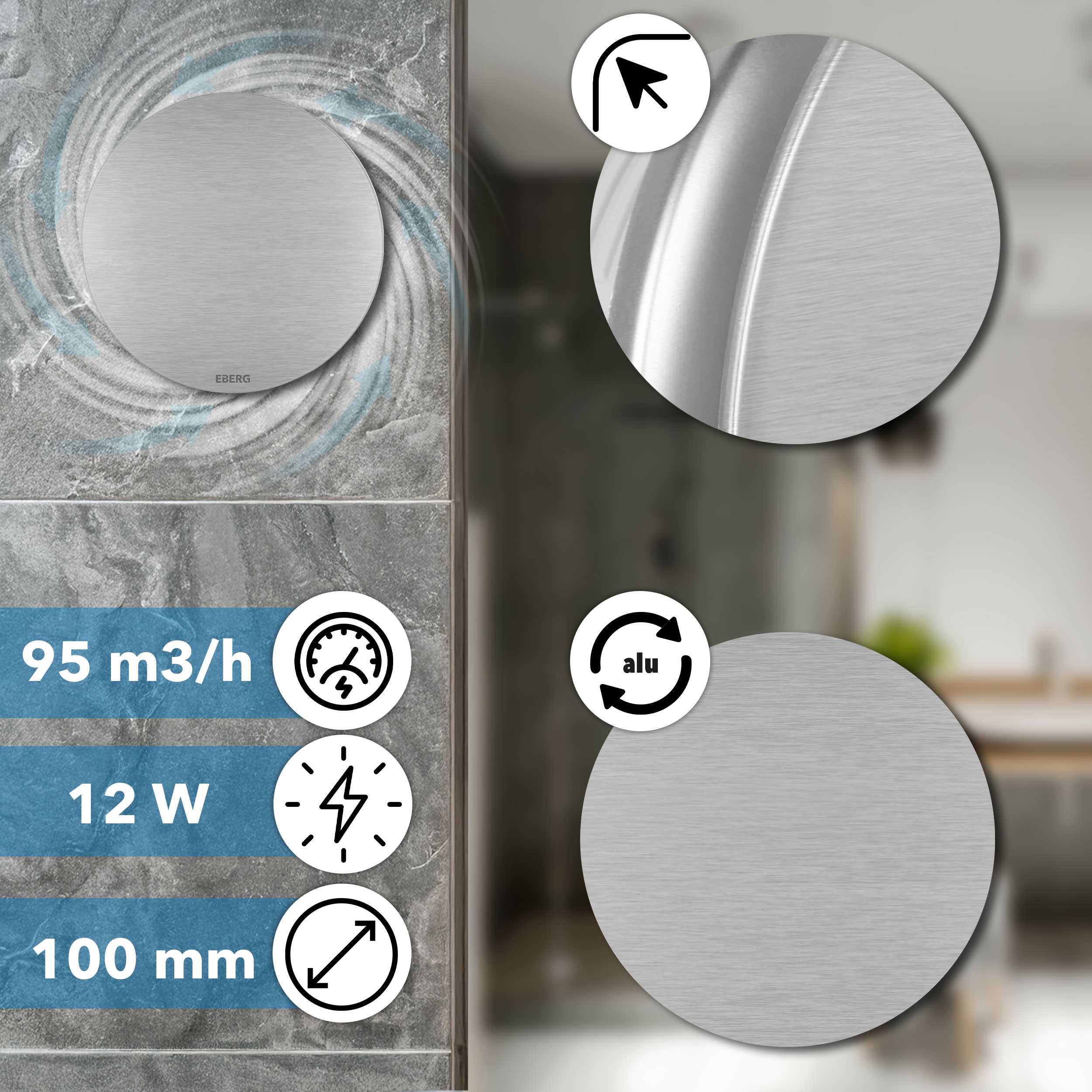Okrągły wentylator z logo "EBERG", dane techniczne: 95 m³/h, 12 W, 100 mm.