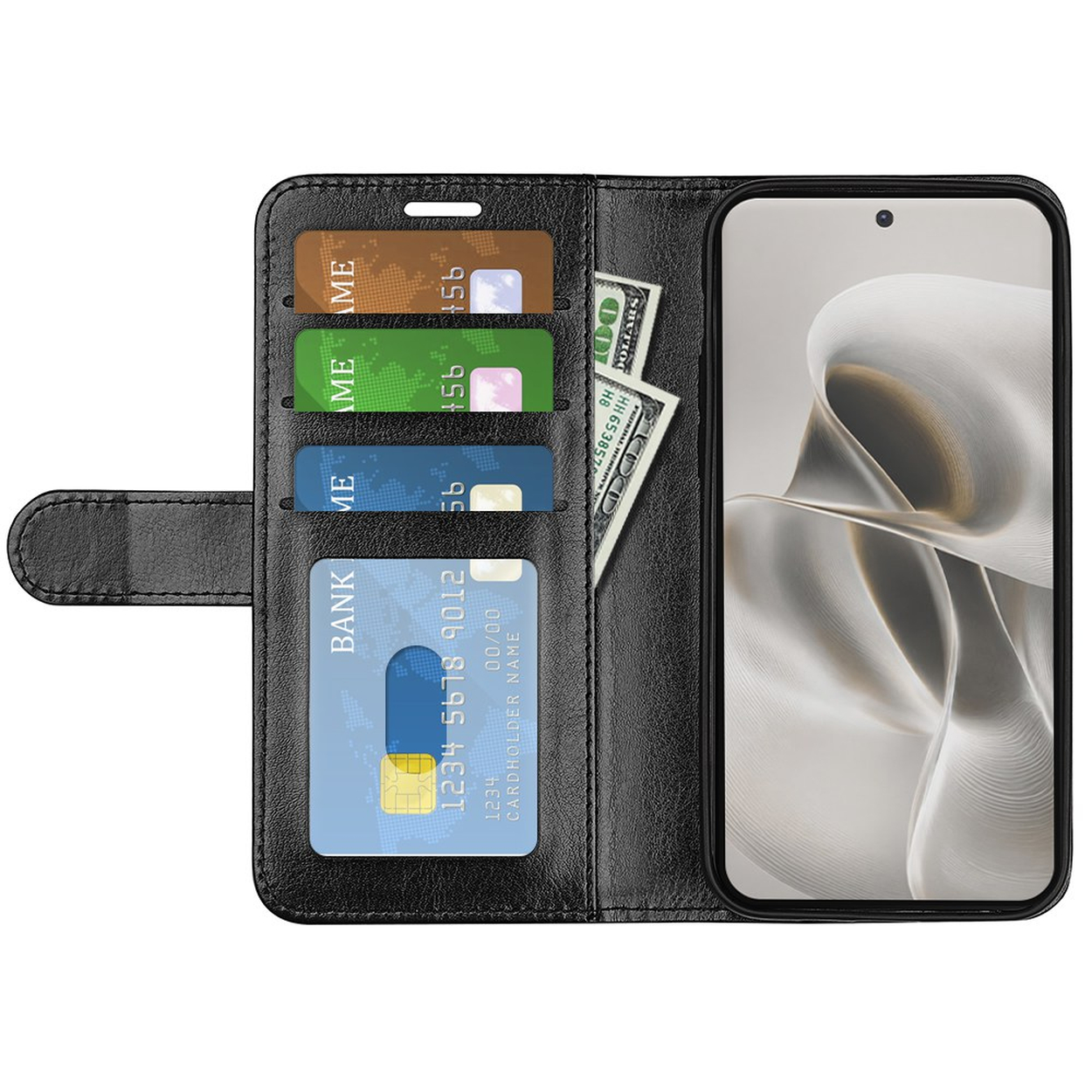 Zwarte telefoonhoes met kaarthouders en contant geld. Telefoon is open.