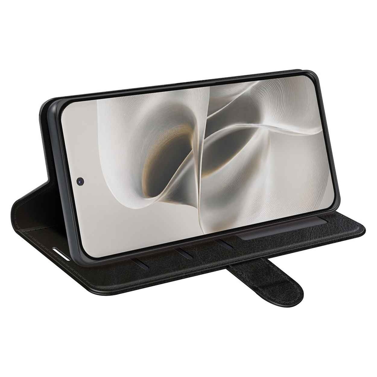 Zwarte telefoonhoes open, toont een smartphone met abstract patroon op scherm.