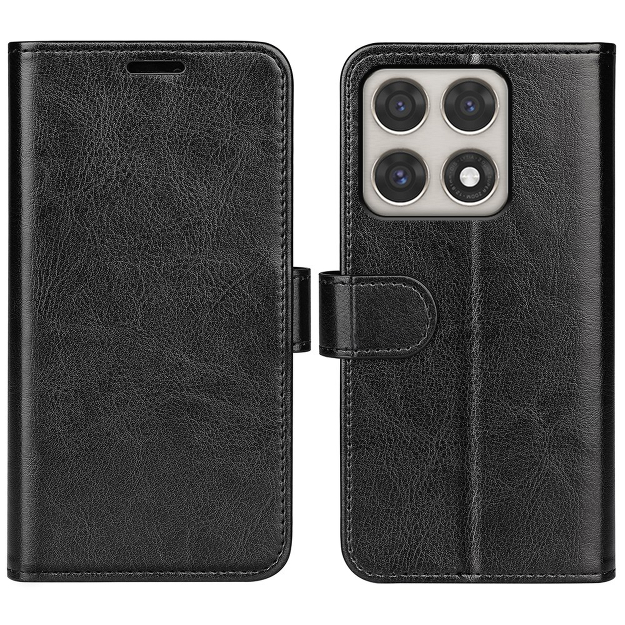 Zwarte leren flip telefoonhoes met vier camera's.