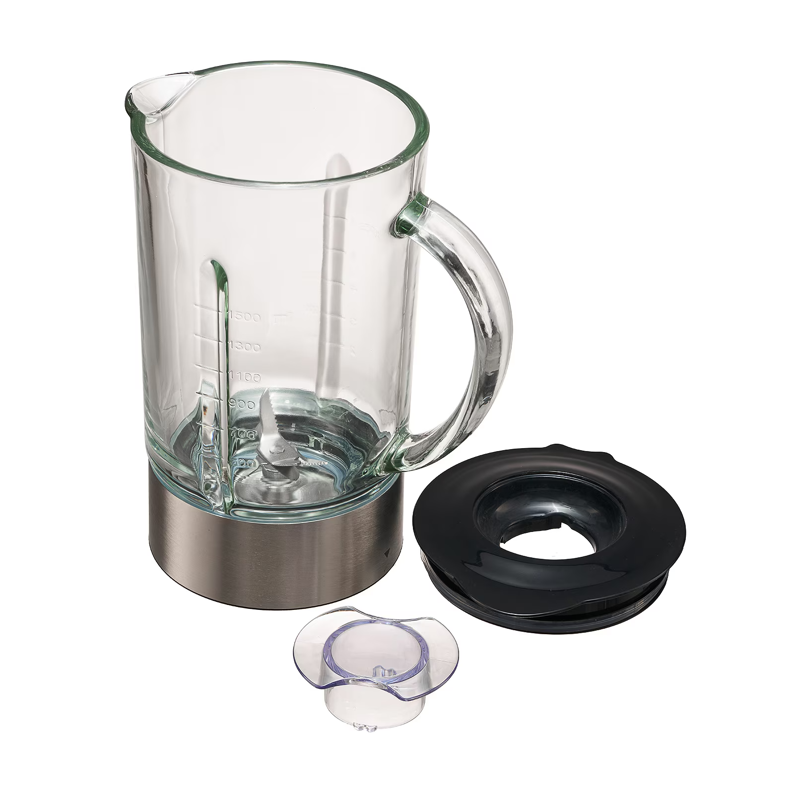 Pichet en verre avec repères de mesure, base de lame et couvercle noir.