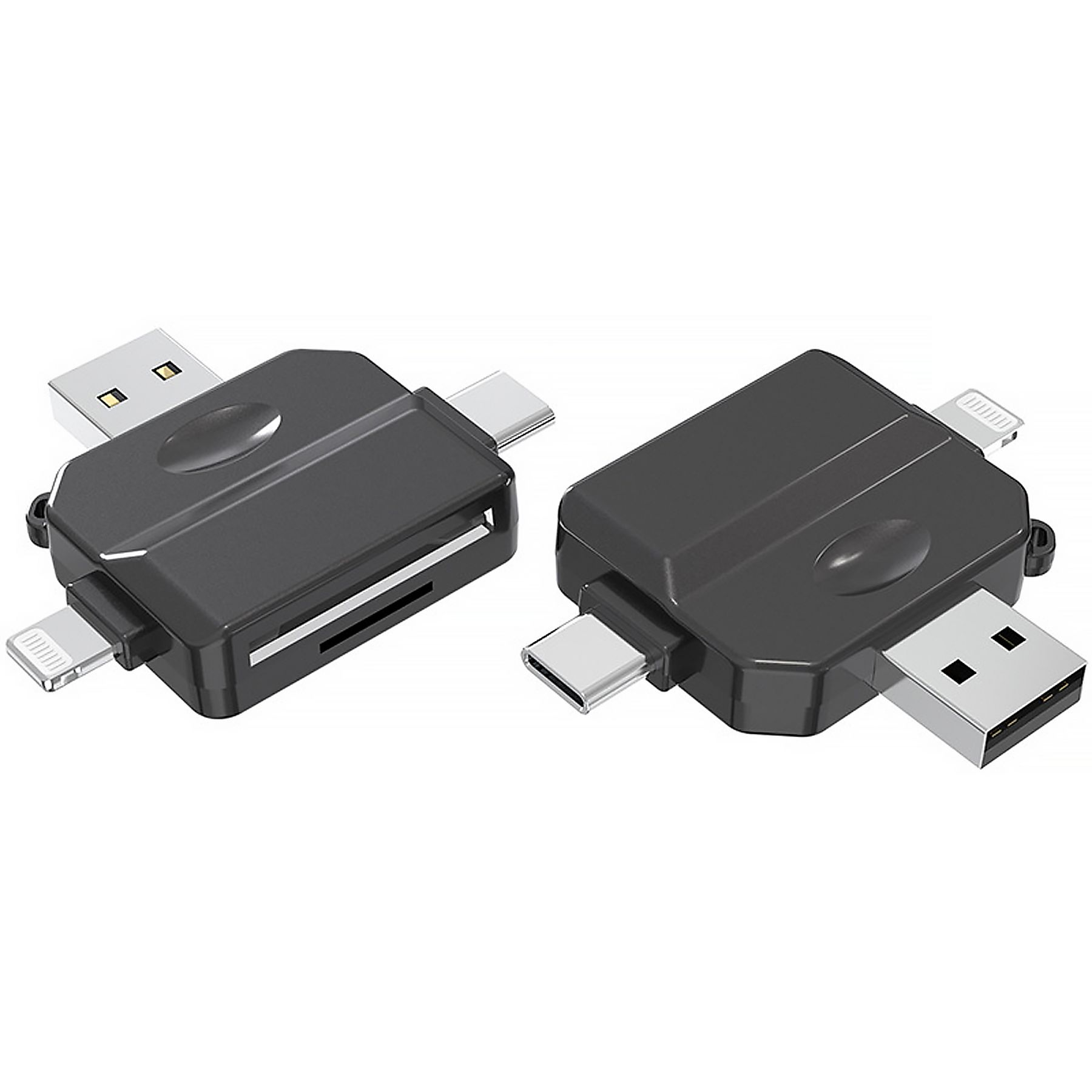 Zwei schwarze Kartenleser mit USB-, Typ-C- und Lightning-Anschlüssen.
