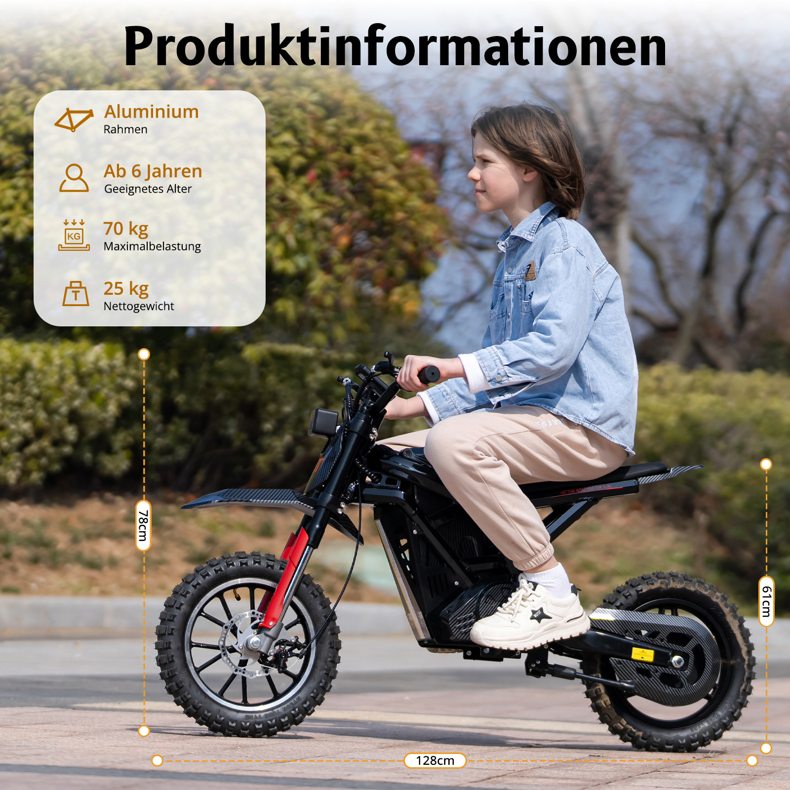 Junge auf einem schwarzen Elektro-Dirtbike mit Produktinformationen. Höhe 78cm, Länge 128cm, Höhe 61cm.