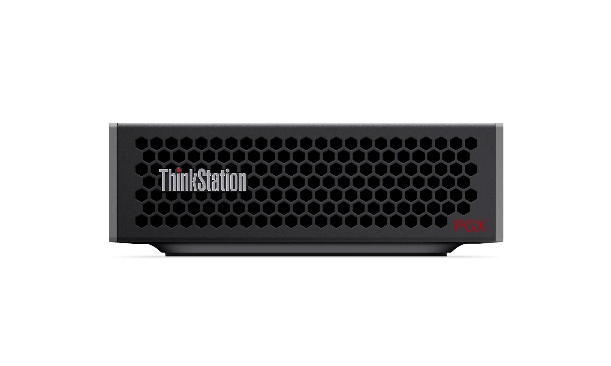 Un PC nero Lenovo ThinkStation con prese d'aria a nido d'ape e logo PGX rosso.