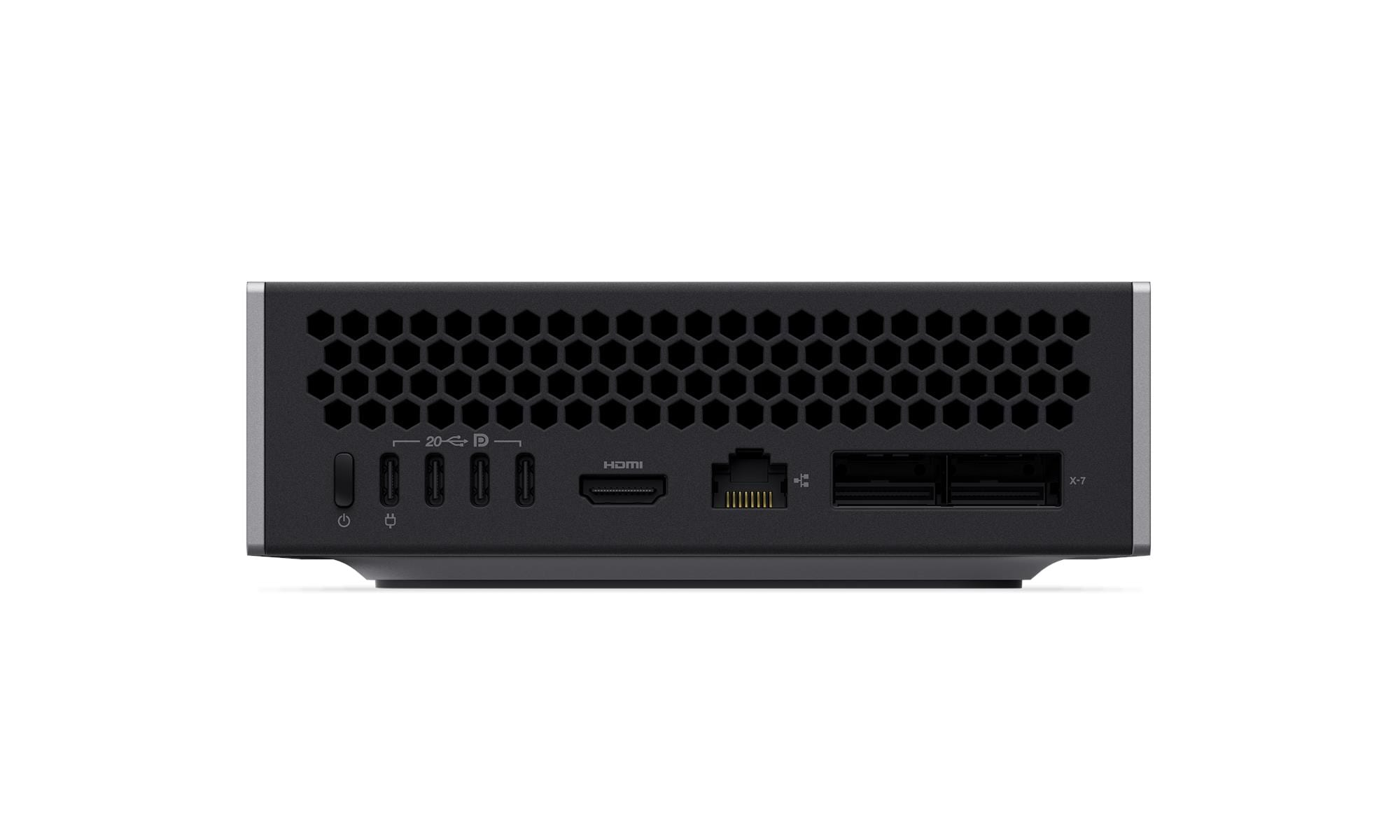Retro di un mini PC nero con griglia di ventilazione, porte e pulsante di accensione.