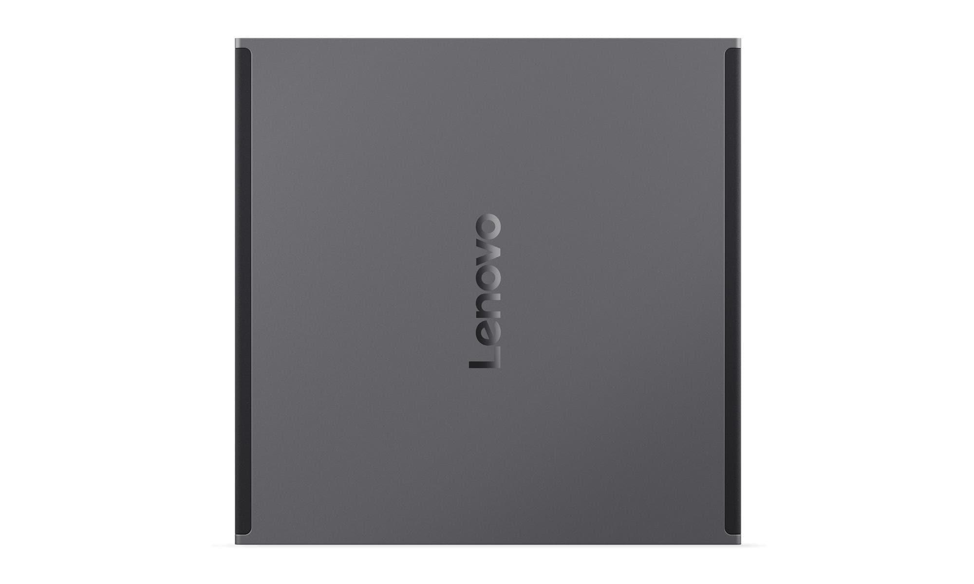 Laptop Lenovo grigio, orientato verticalmente, con logo.
