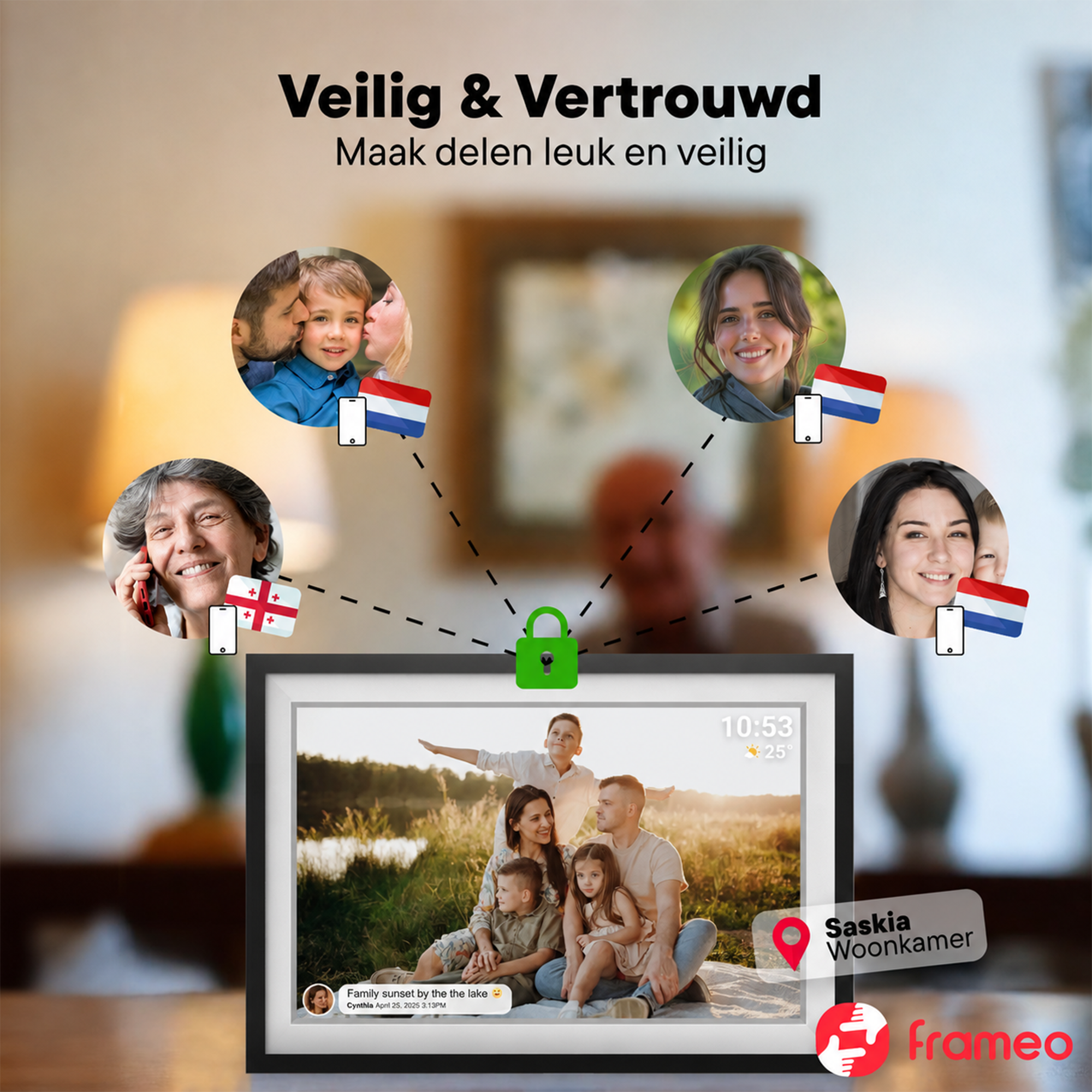 Digital photo frame displays family photos. A lock symbolizes security and sharing.