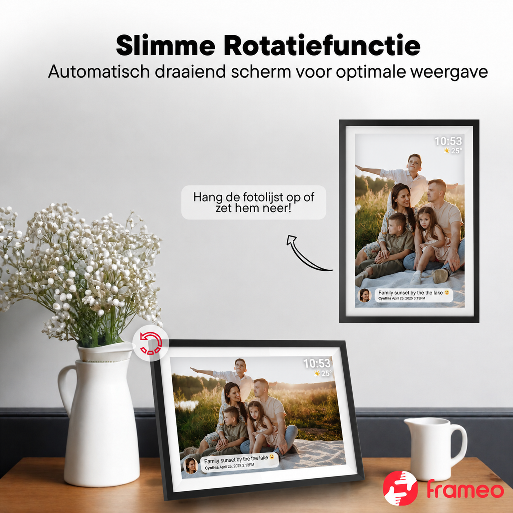 A digital photo frame displays a family at sunset, with time and temperature.