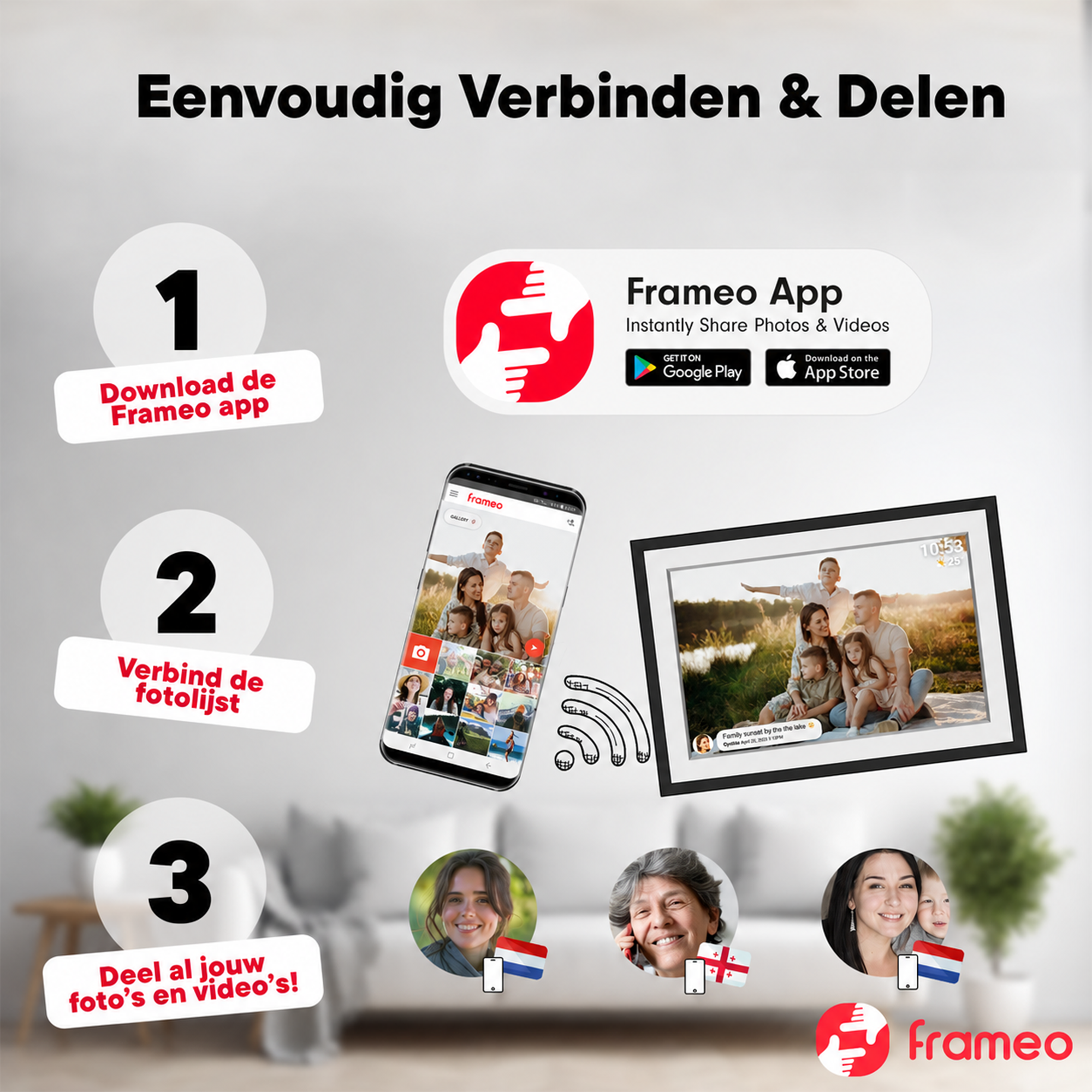 Instructions: Download Frameo app, connect photo frame, share photos.