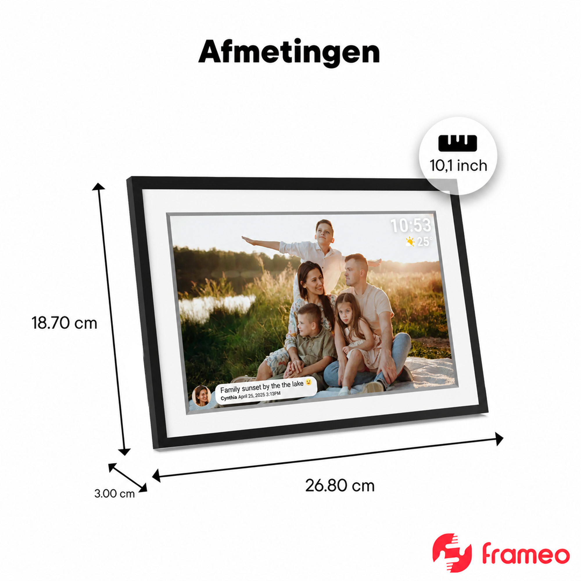 Digital photo frame showing family at lake, 10.1 inch, 26.8x18.7x3cm.