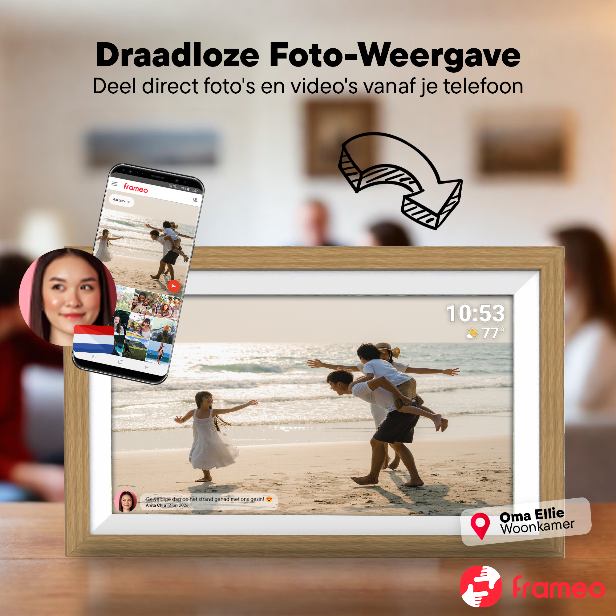 Family on beach, phone displays photos. Grandma Ellie in living room.