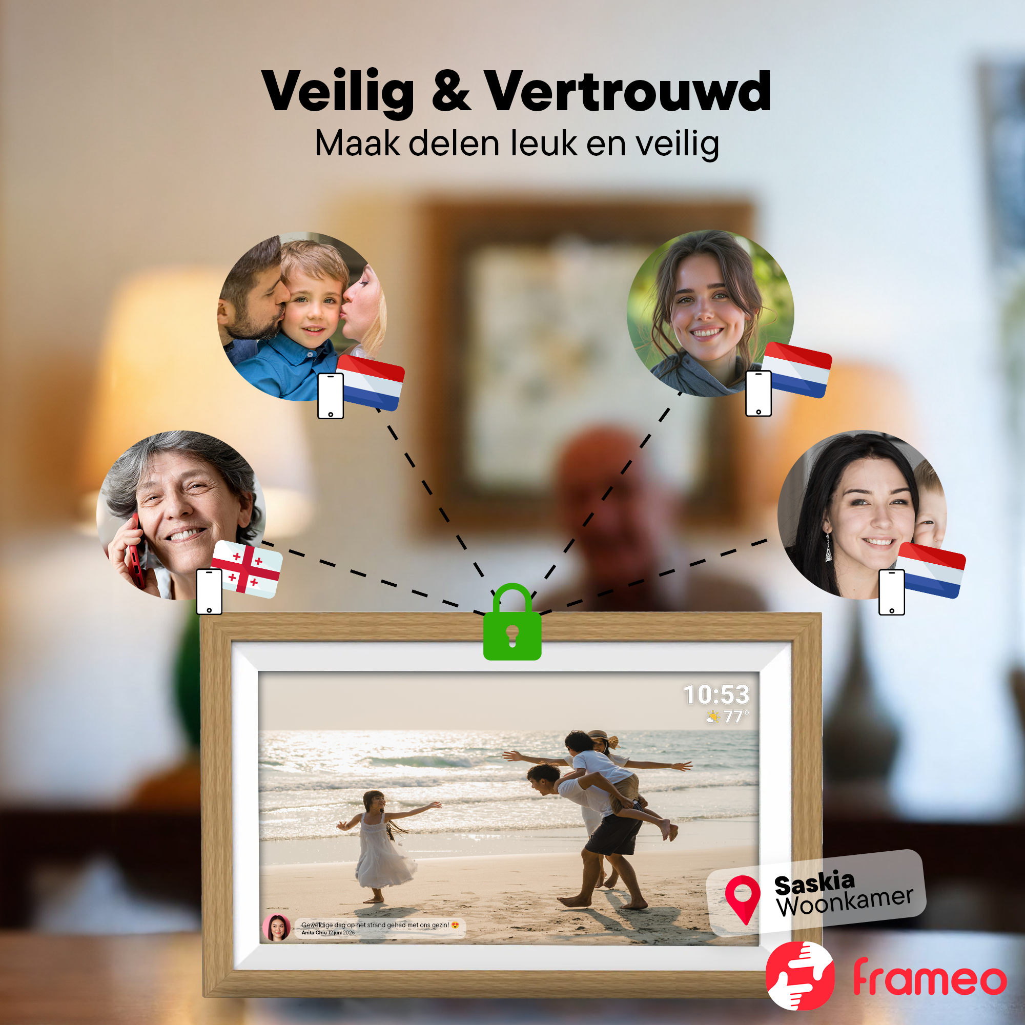 A digital frame displays family photos, a family at the beach, and a lock icon.