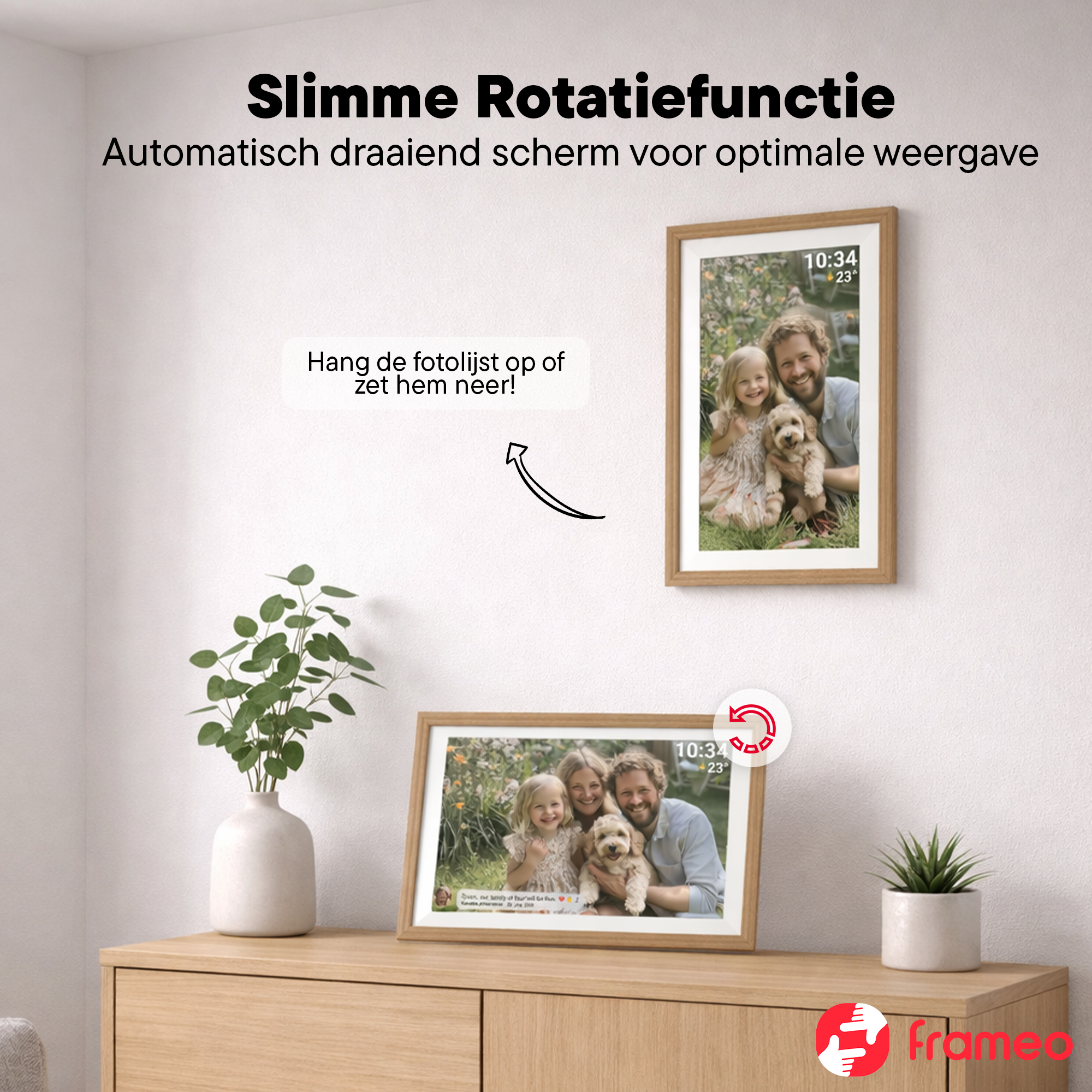 A digital photo frame displays a family and dog. Another frame hangs on the wall.
