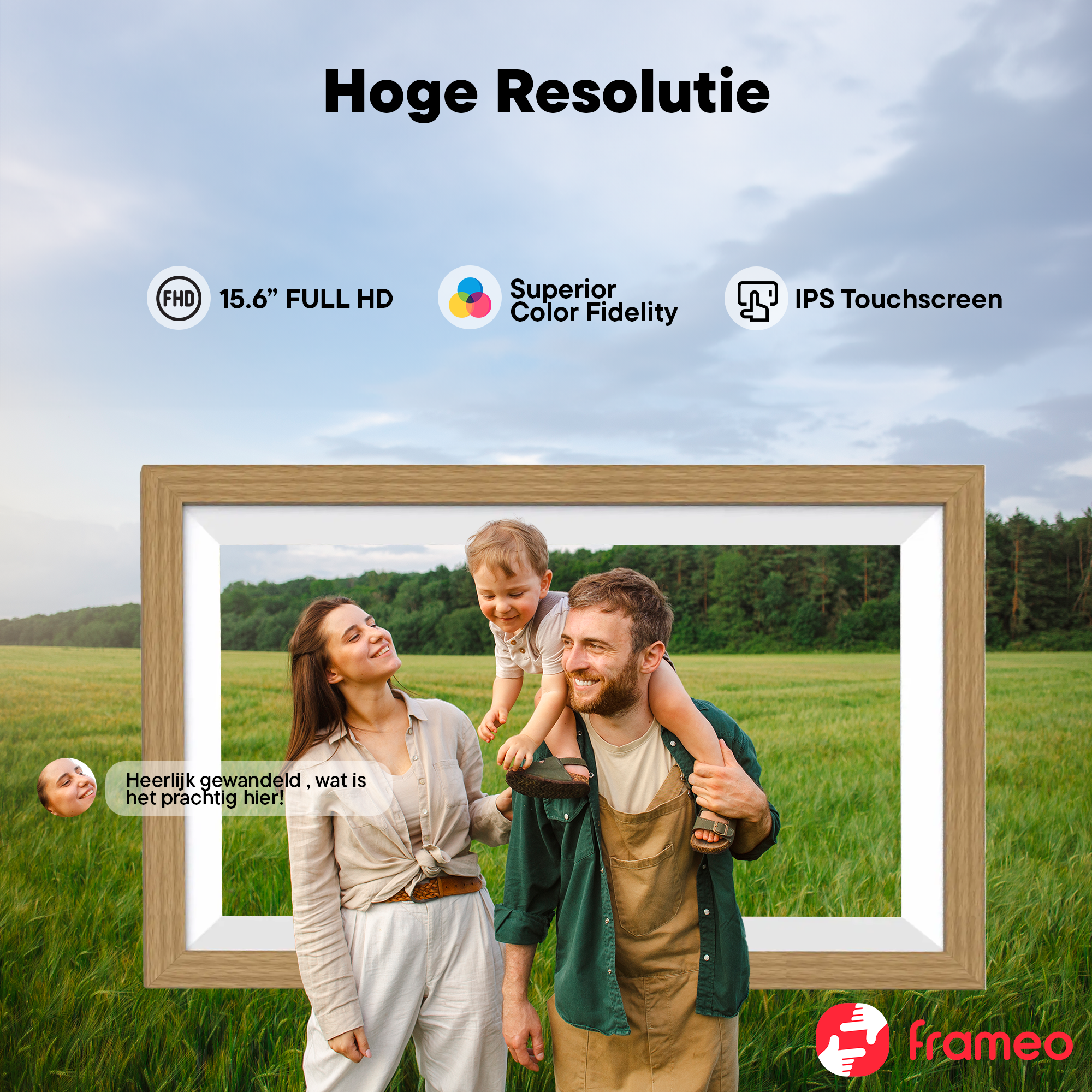 Family in a field in front of a digital frame with technical specs.