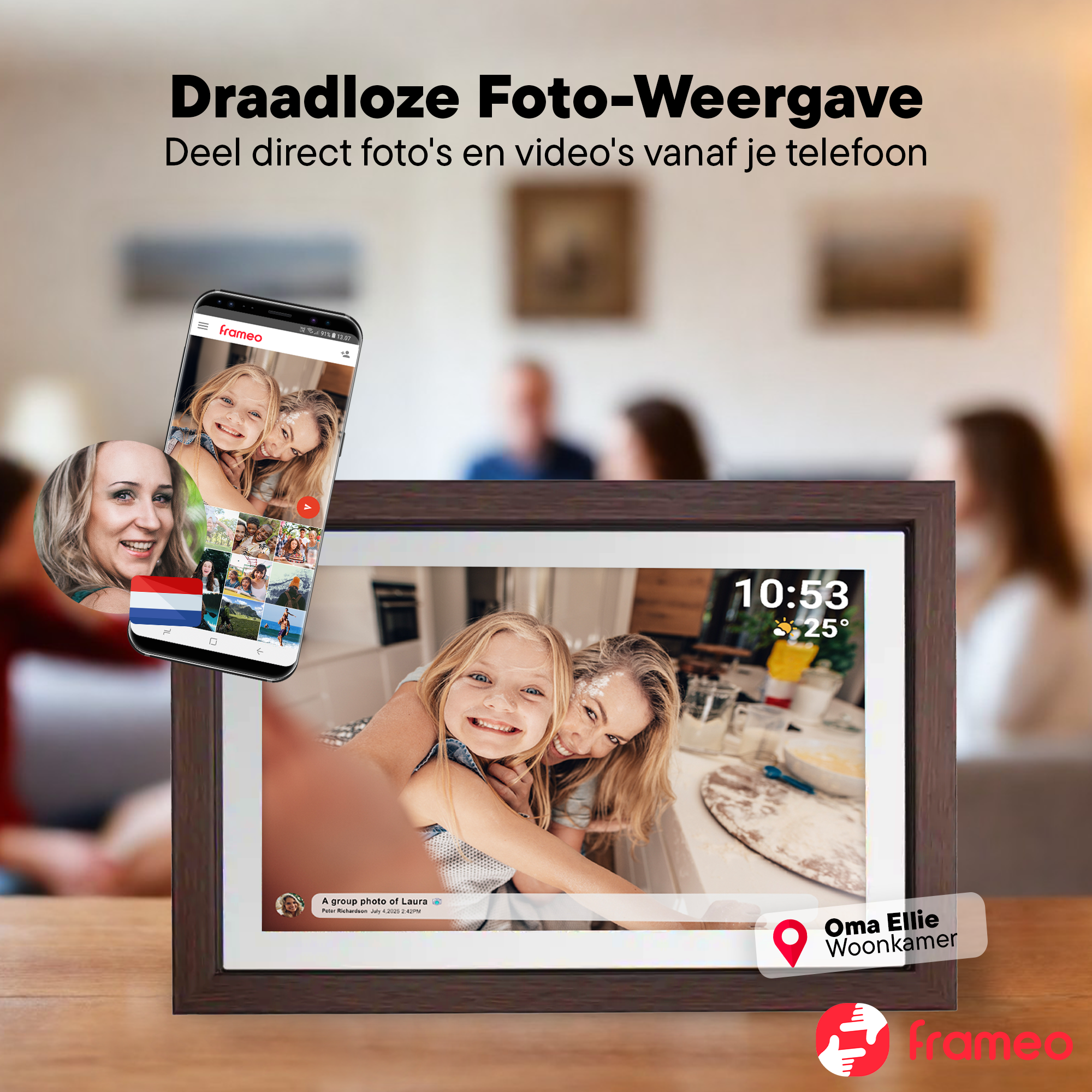 A smartphone displays a photo of two smiling girls in front of a digital photo frame.