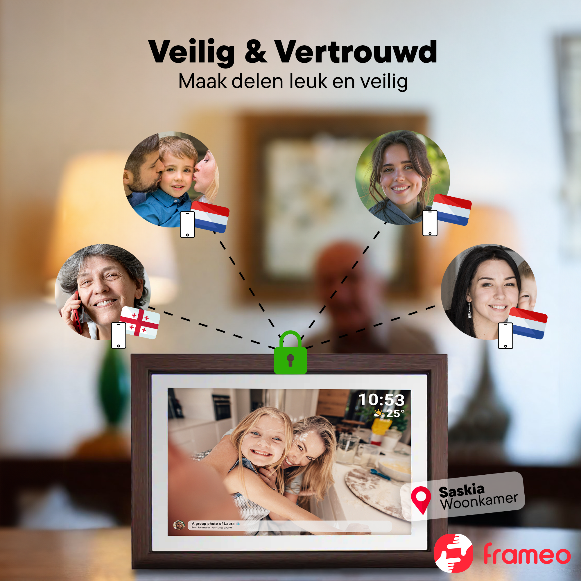Digital photo frame displays family photos and a message.