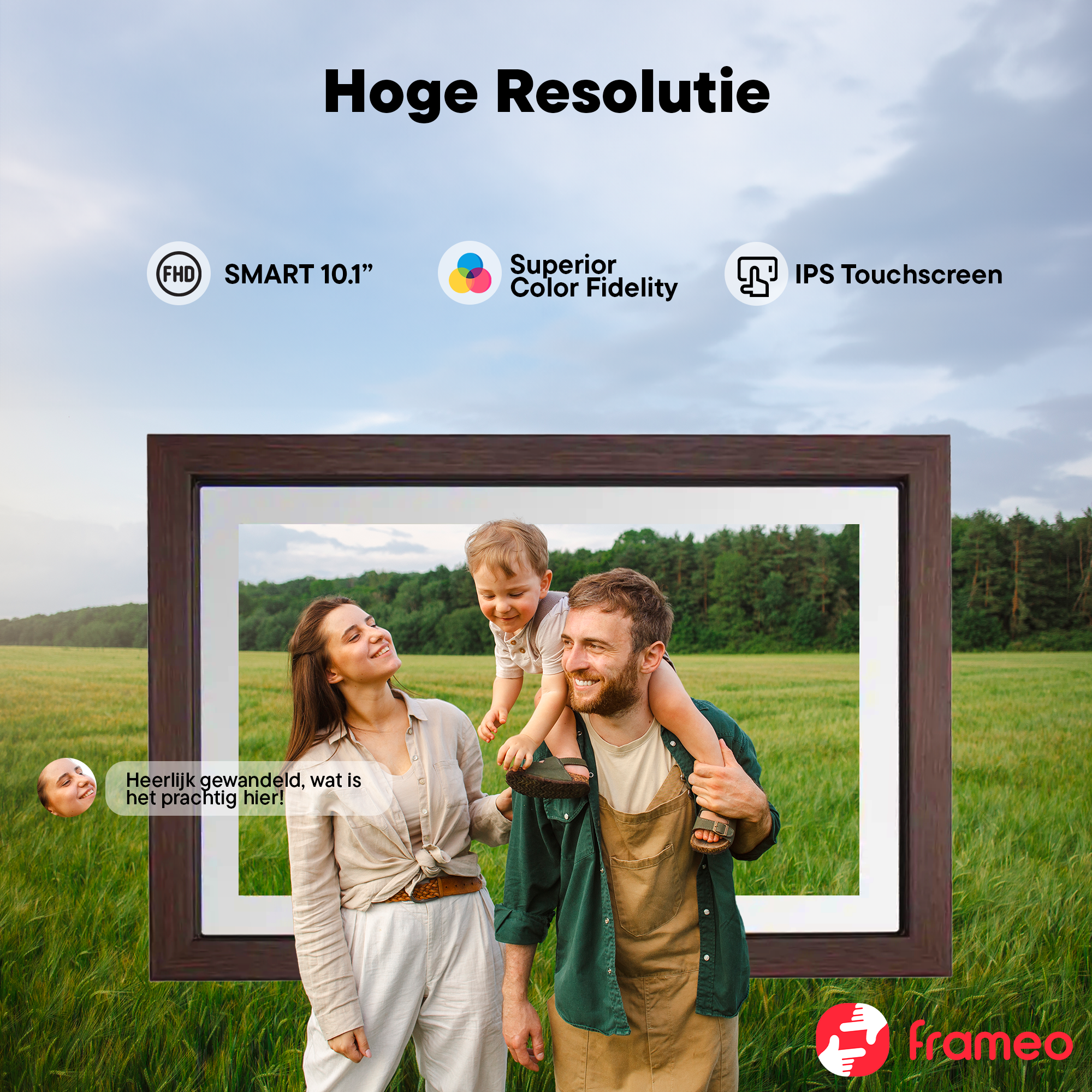 Family outdoors in front of a digital frame. High resolution.