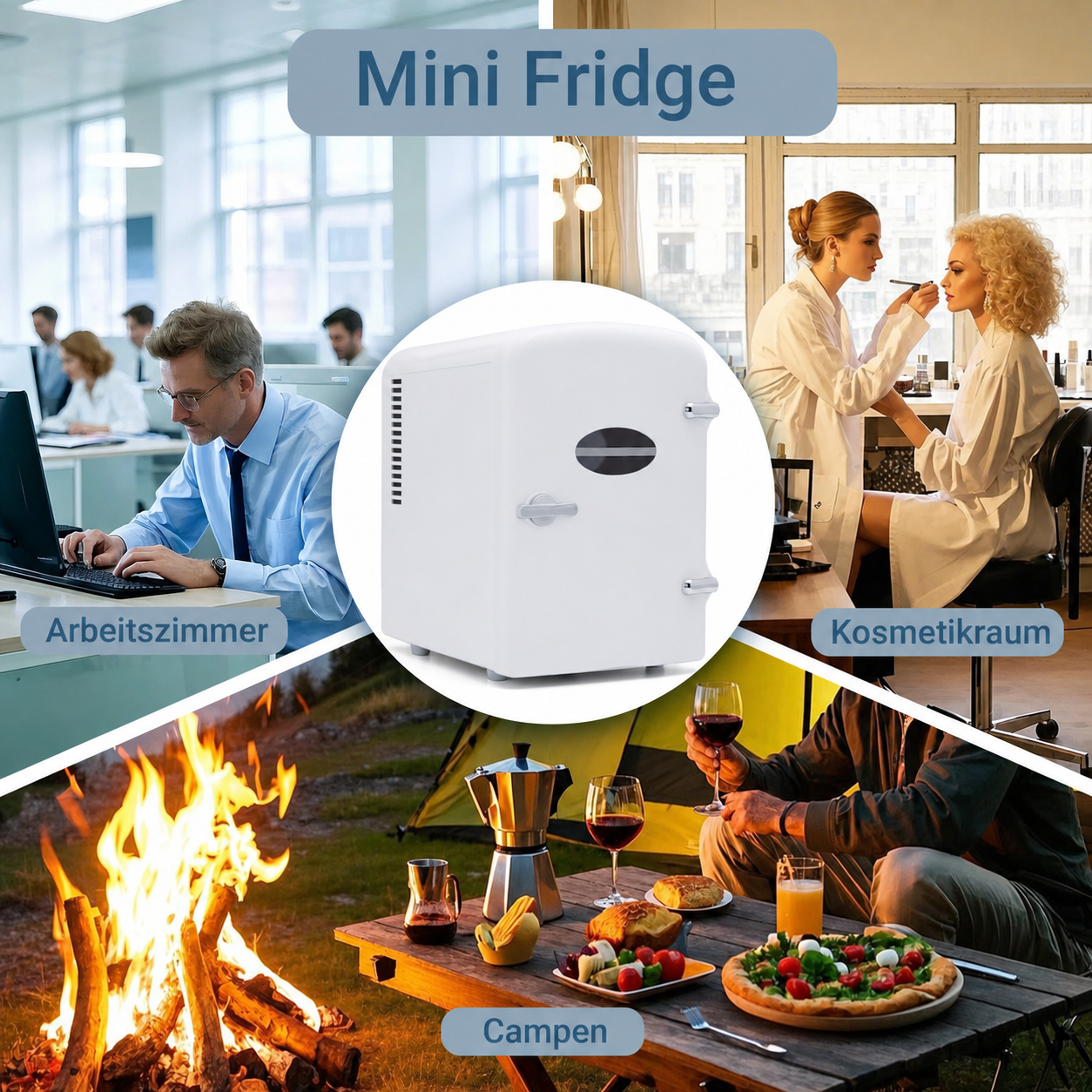 Collage zeigt Mini-Kühlschrank in Büro, Kosmetikraum und beim Camping.