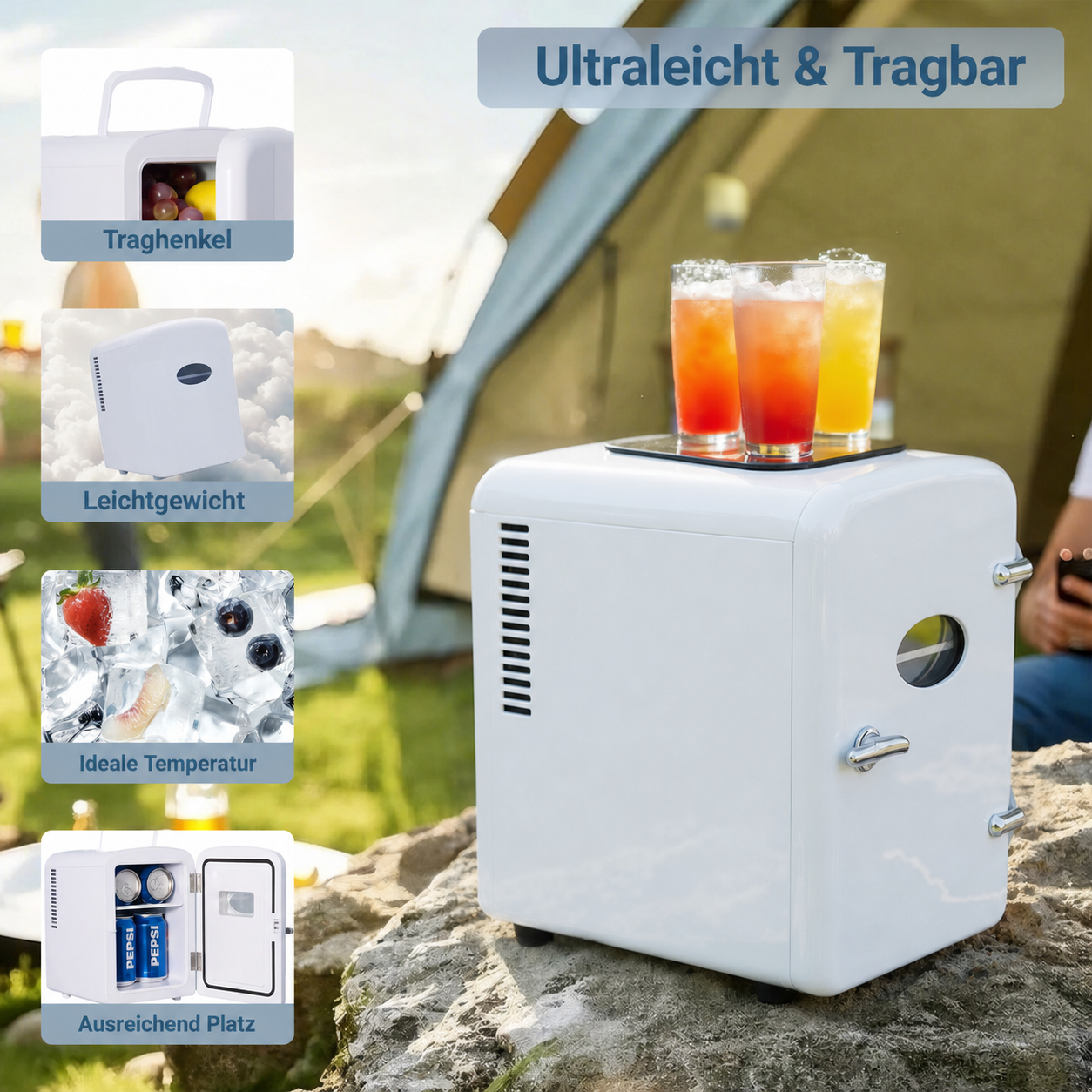 Weißer Mini-Kühlschrank im Freien mit drei Getränken auf der Oberseite, Erdbeere und Beeren auf Eis.