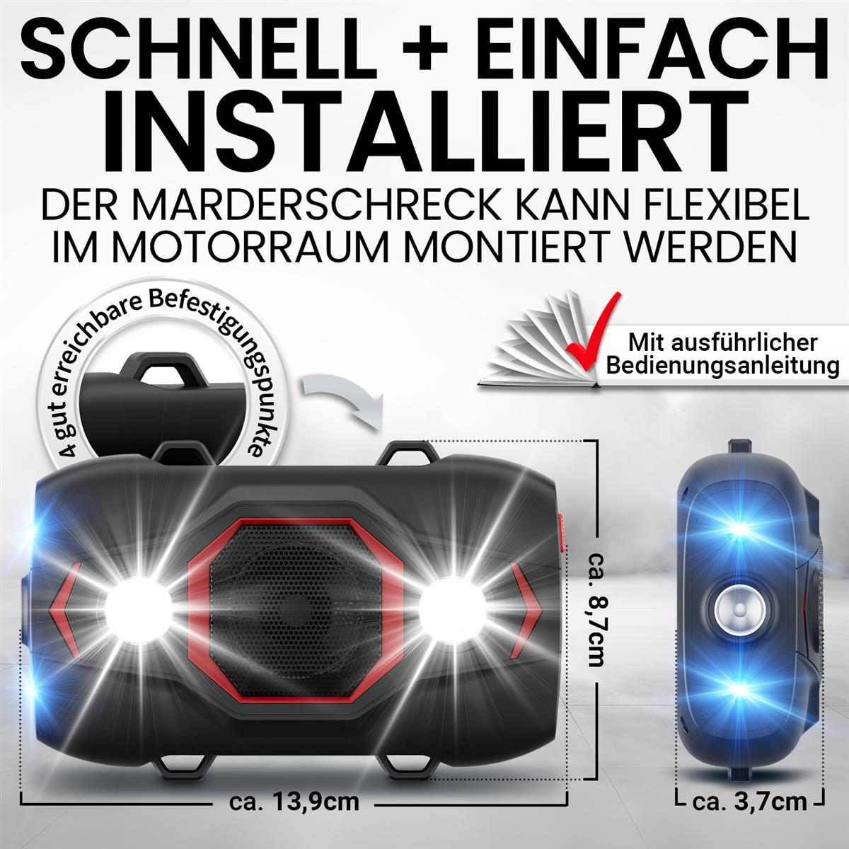 Schwarz Gerät mit roten Akzenten, 4 Befestigungspunkten, 2 Lichter, Maße angegeben.