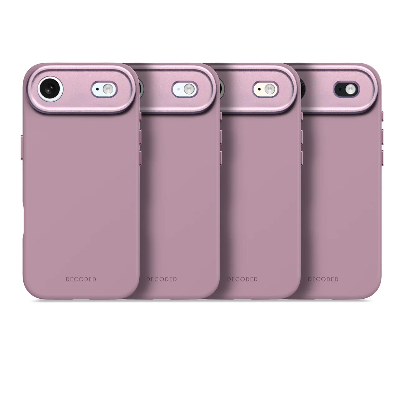 Vier mauve iPhone-Hüllen mit Kameraausschnitten sind auf weißem Hintergrund aufgereiht.