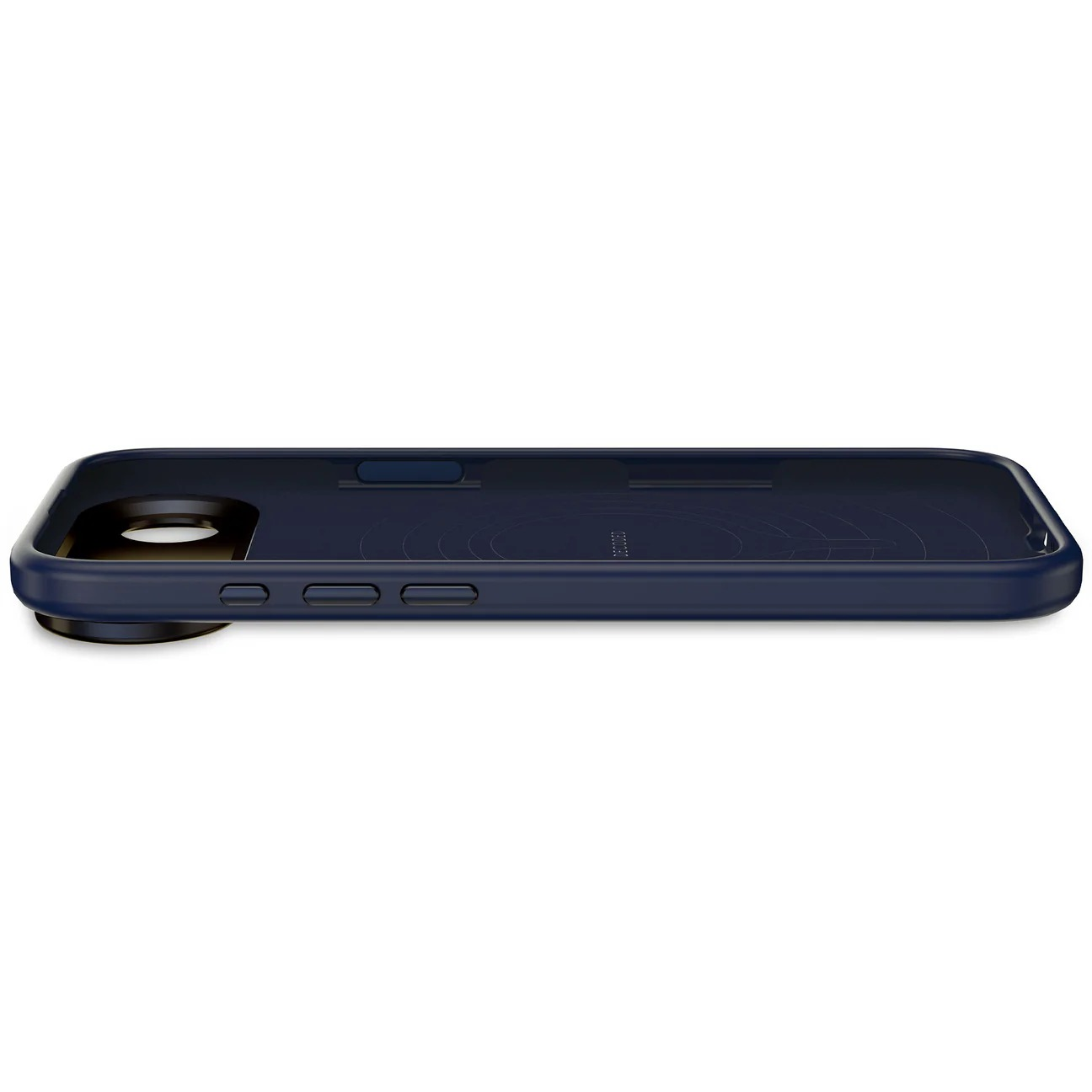 Custodia blu scuro per telefono con ritaglio fotocamera e pulsanti laterali.