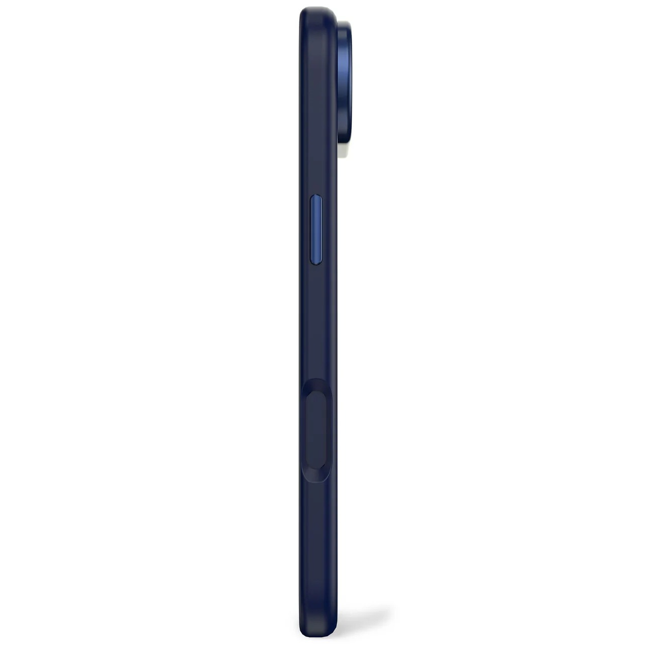 Custodia blu scuro per telefono vista laterale con ritaglio fotocamera e pulsanti.
